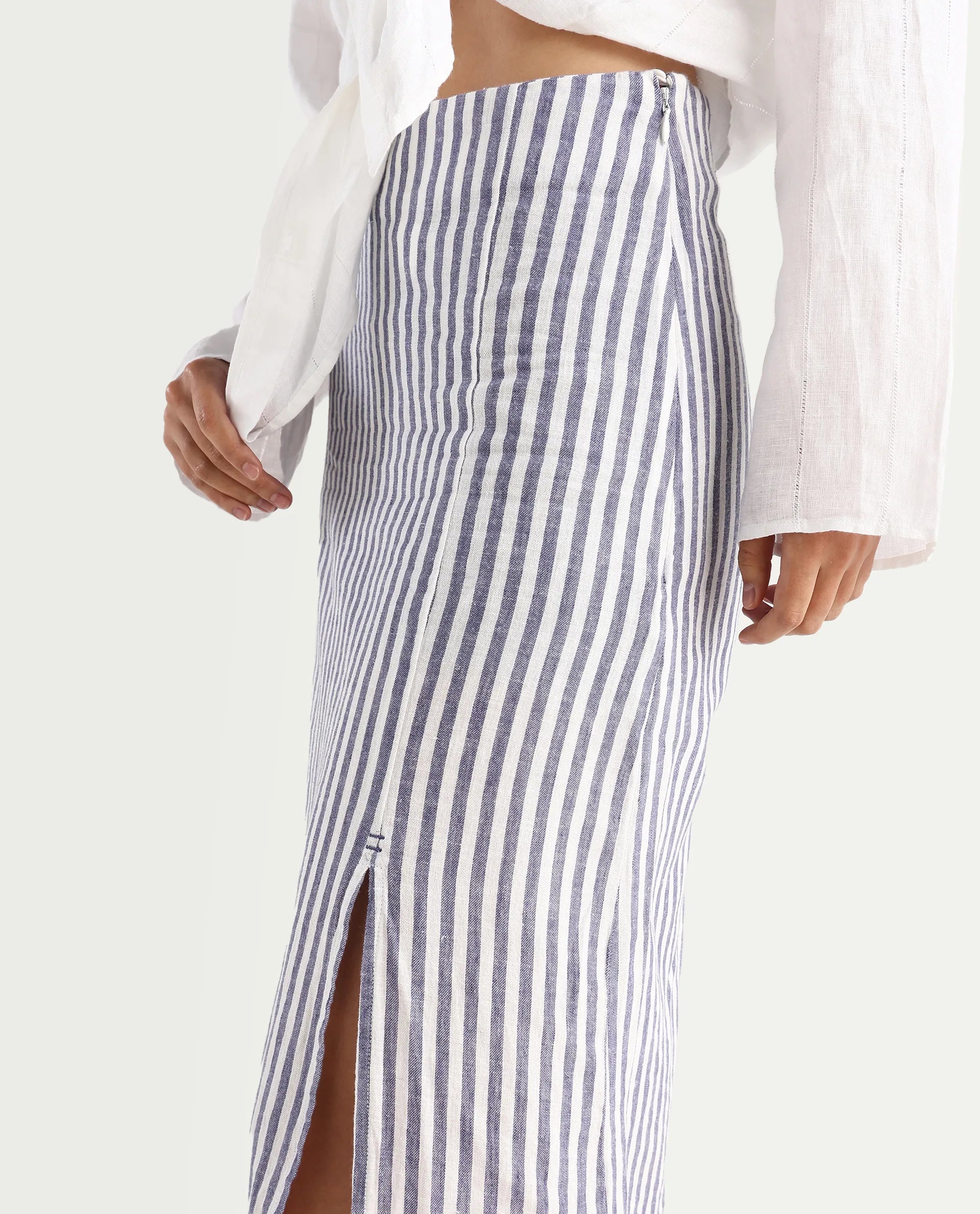 Rareism Women's Moonly Blue Linen Striped Midi Slim Fit Skirt