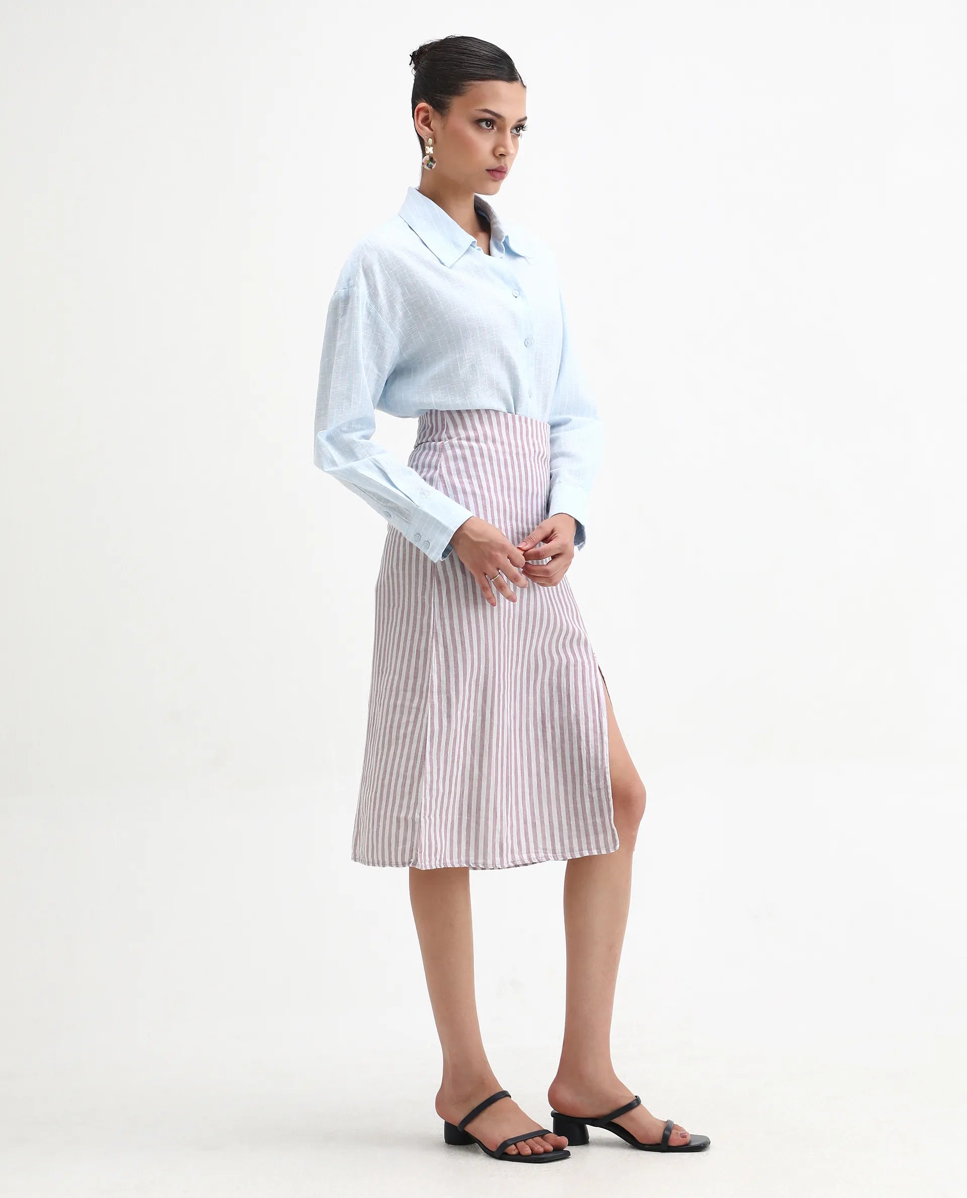Rareism Women's Moonly Lilac Linen Striped Midi Slim Fit Skirt