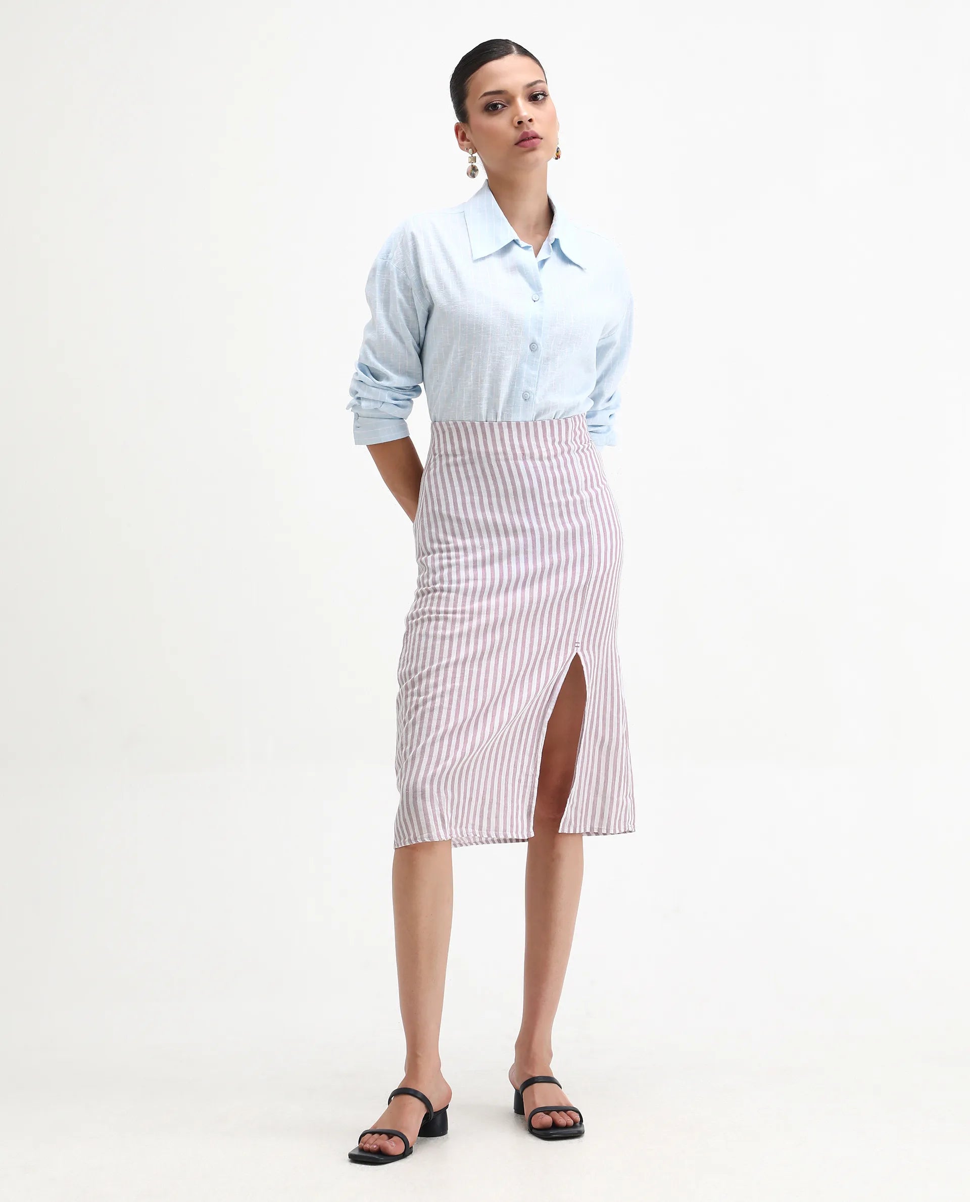 Rareism Women's Moonly Lilac Linen Striped Midi Slim Fit Skirt