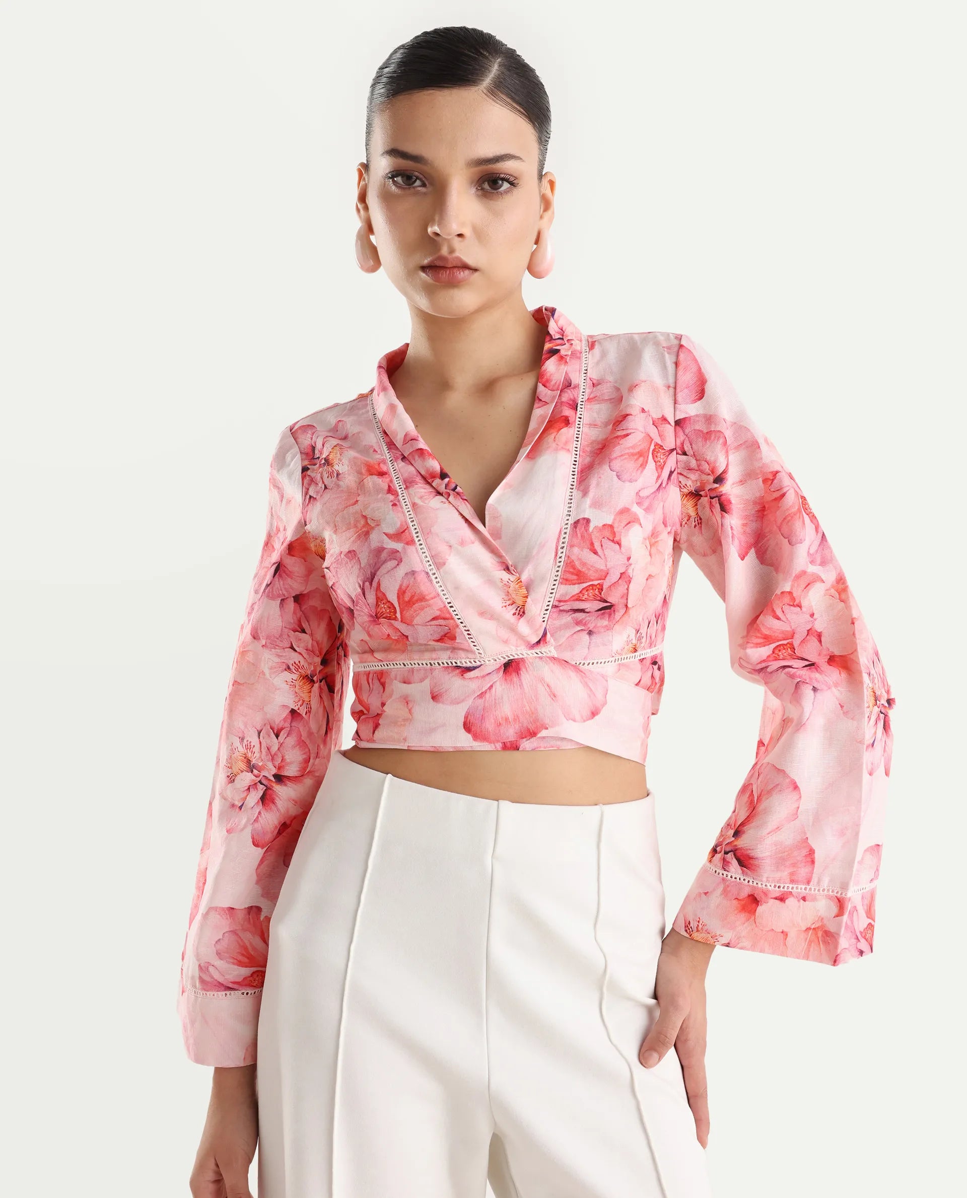 Rareism Women's Moral Pink Cotton Blend Shawl Collar Floral Print Bell Sleeve Crop Regular Fit Shrug