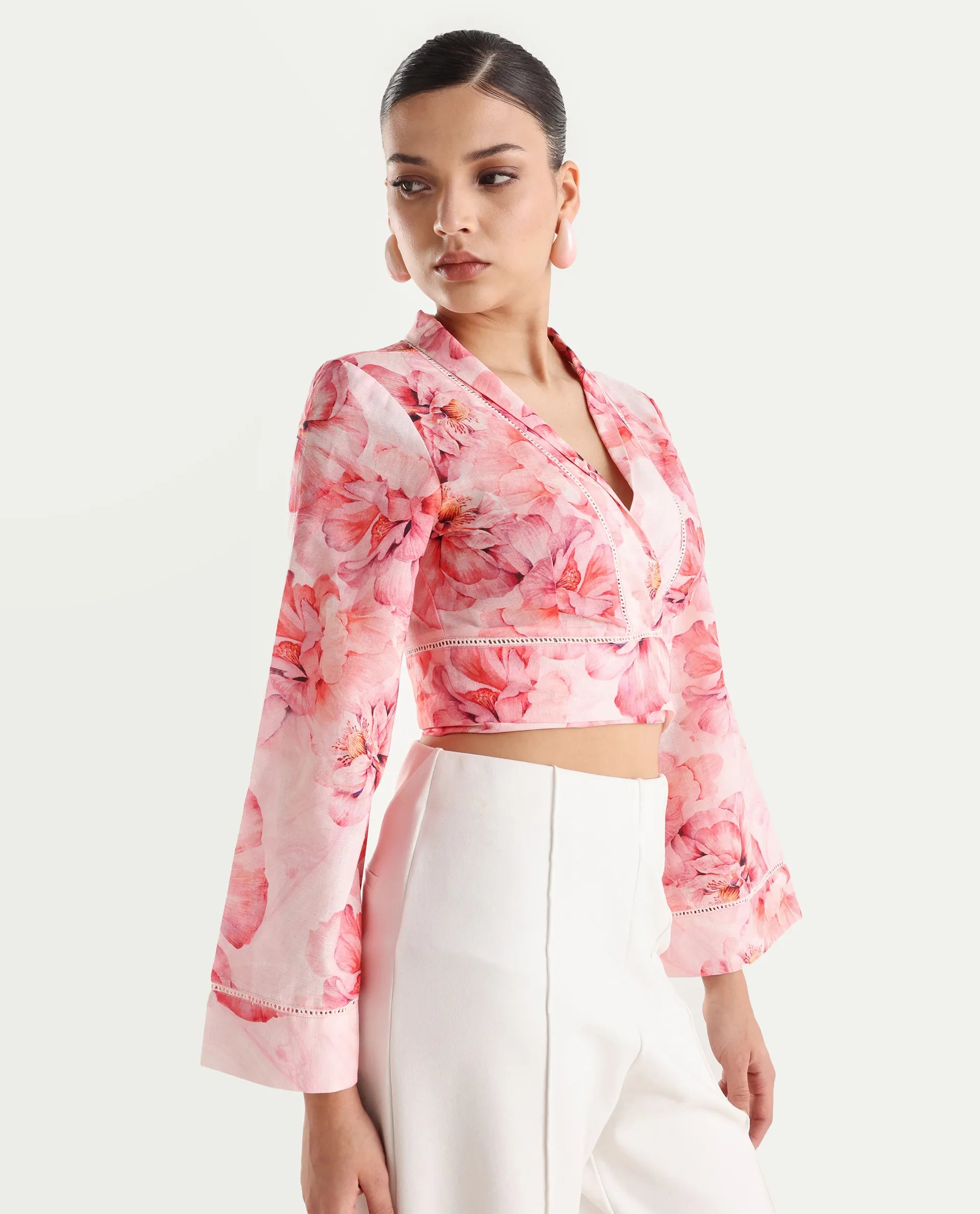 Rareism Women's Moral Pink Cotton Blend Shawl Collar Floral Print Bell Sleeve Crop Regular Fit Shrug