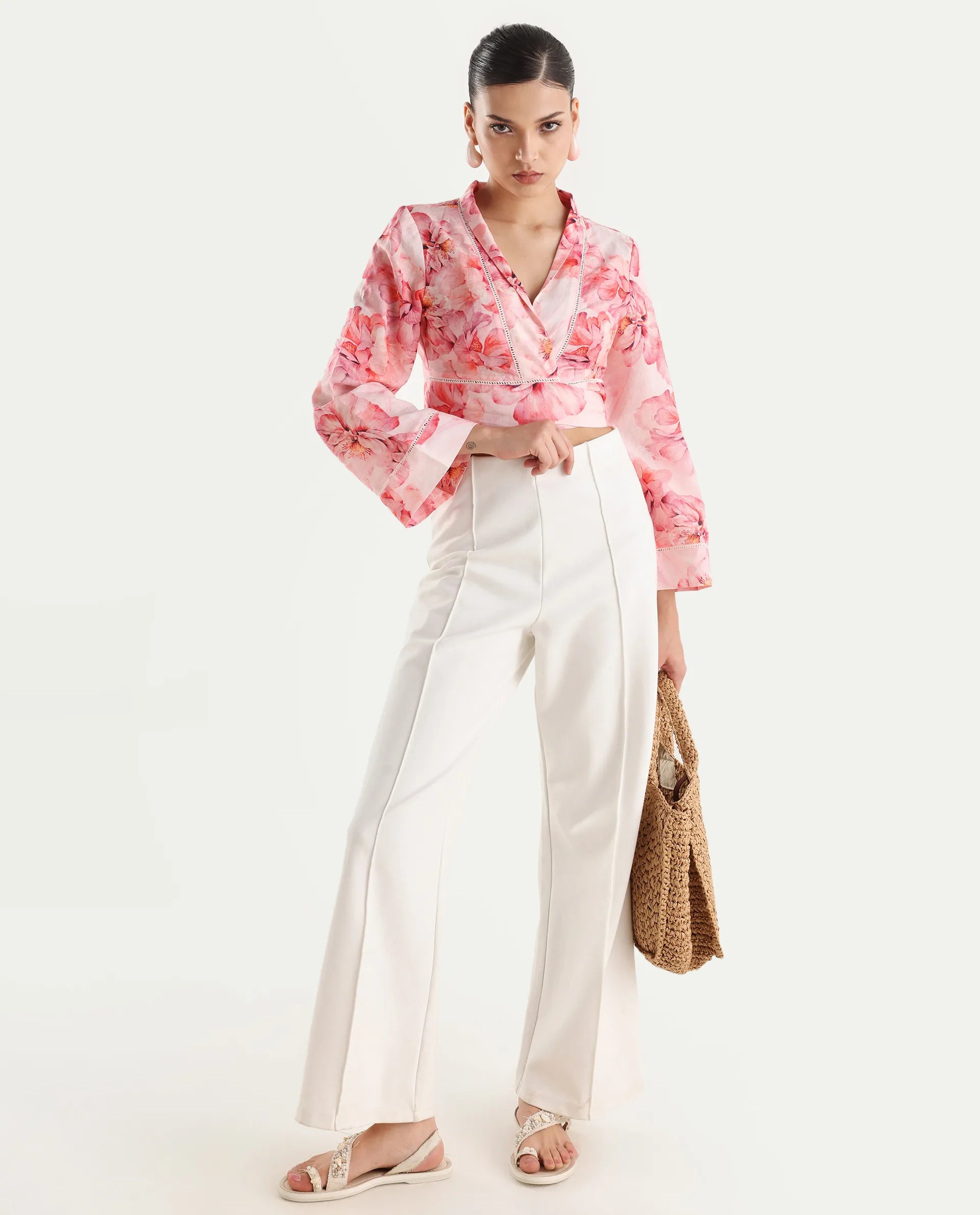 Rareism Women's Moral Pink Cotton Blend Shawl Collar Floral Print Bell Sleeve Crop Regular Fit Shrug