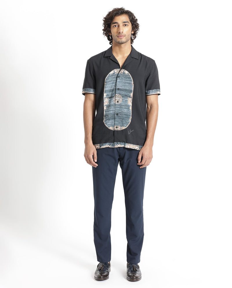 Rare Rabbit Men's Morca Black Viscose Fabric Abstract Print Half Sleeves  Shirt
