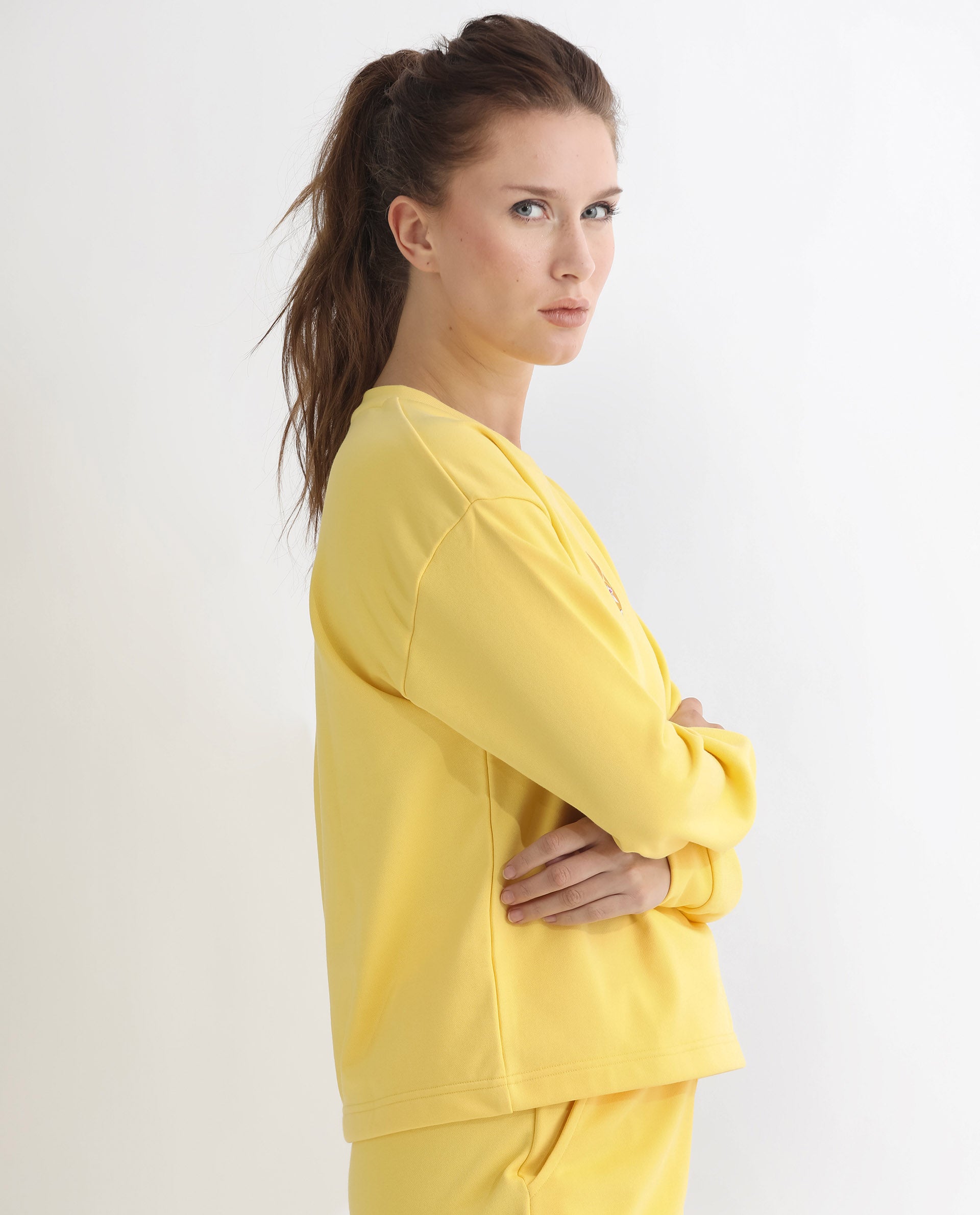 Rareism Women Morin Yellow Poly Cotton Fabric Full Sleeves Crew Neck Cuffed Sleeve Regular Fit Graphic Print Sweatshirt