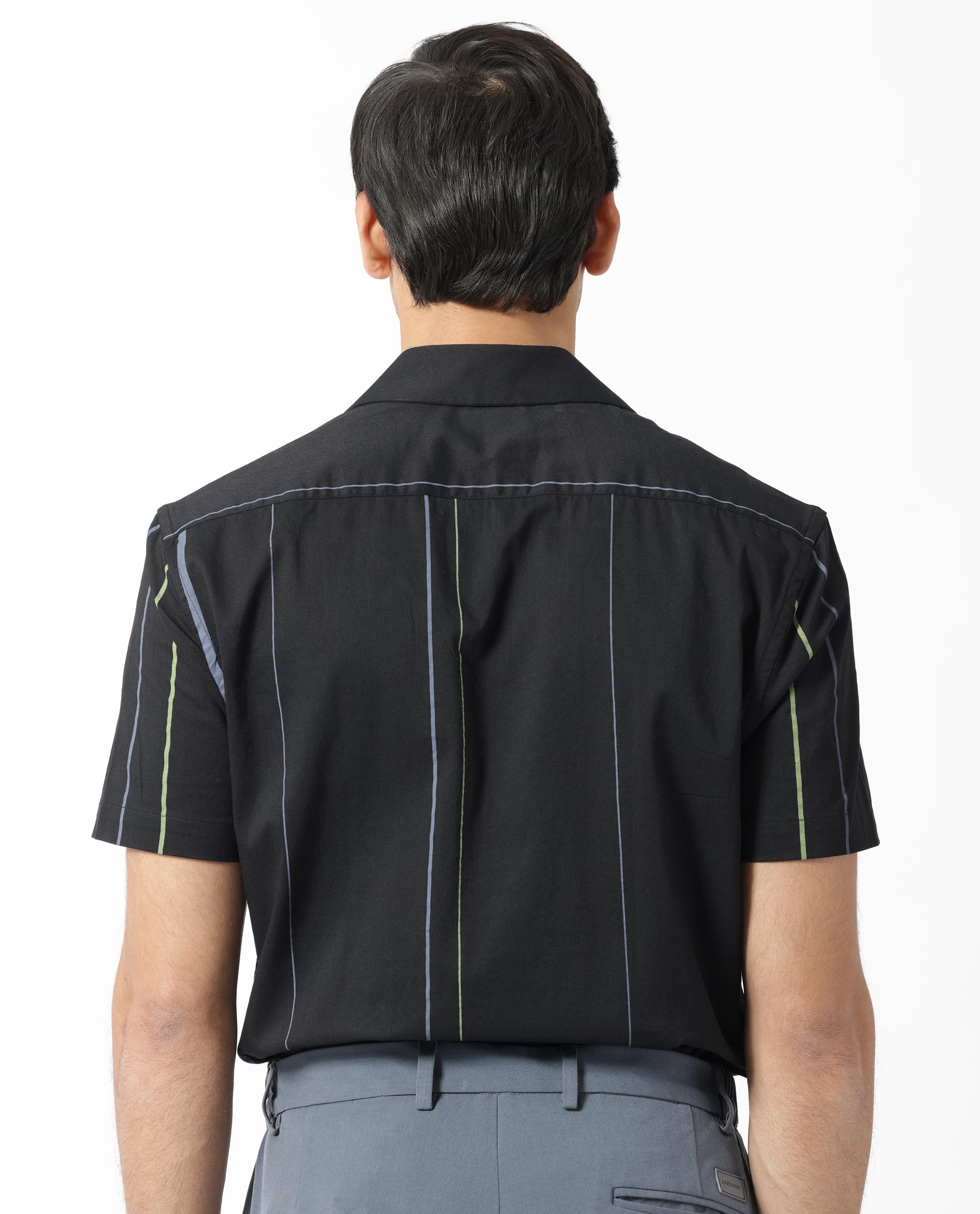 Rare Rabbit Men's Morlac Black Cotton Fabric Cuban Collar Half Sleeves Striped Shirt