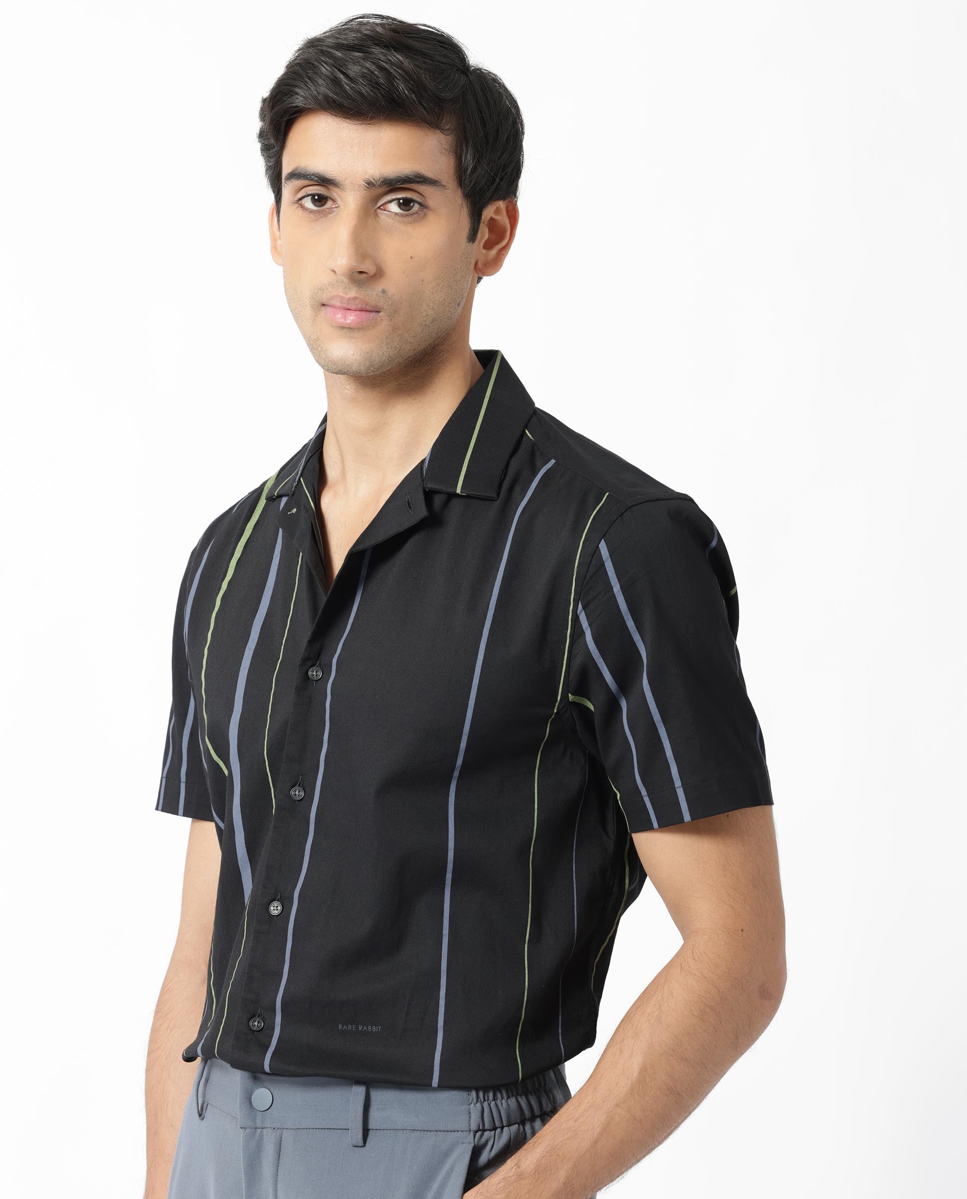 Rare Rabbit Men's Morlac Black Cotton Fabric Cuban Collar Half Sleeves Striped Shirt
