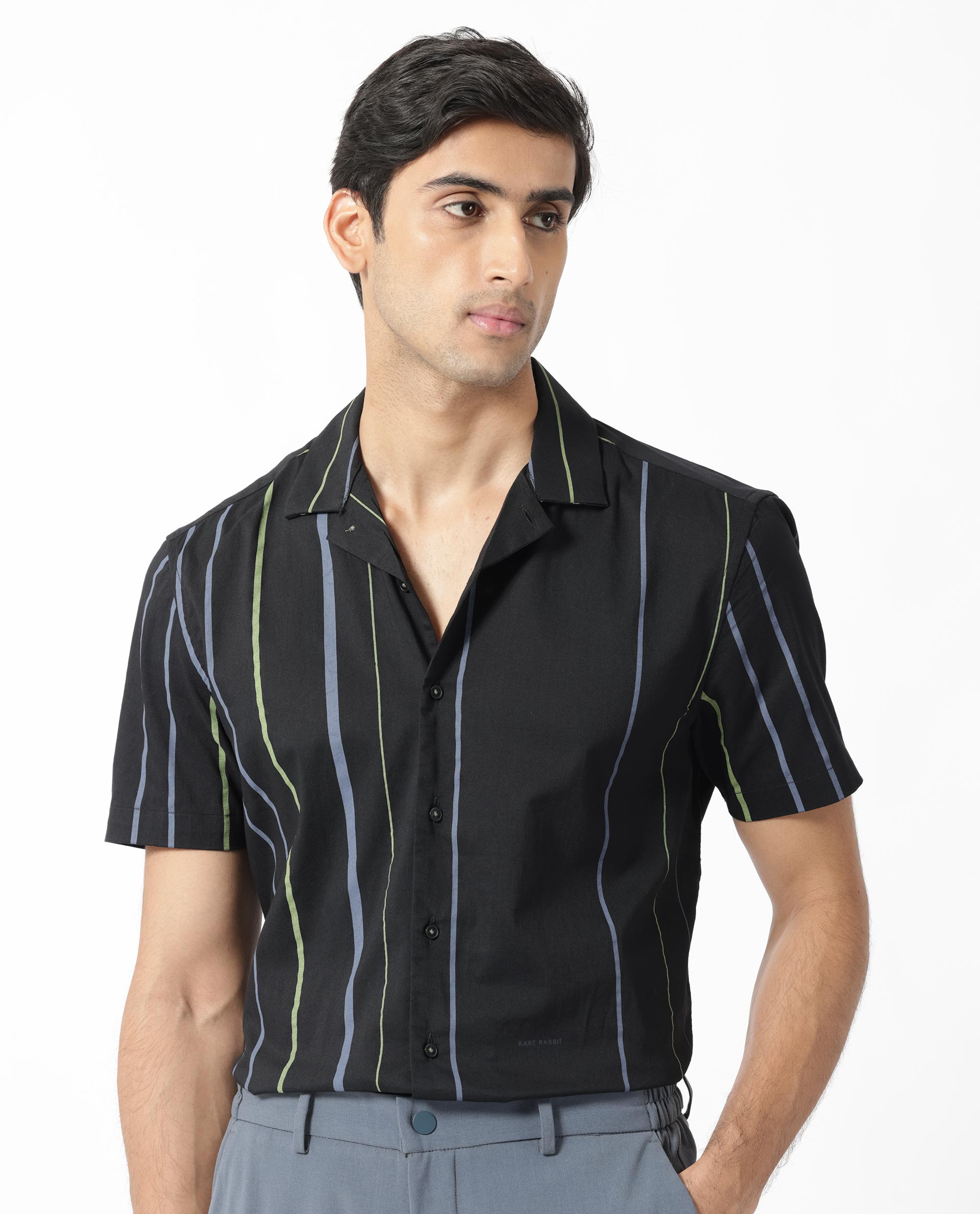 Rare Rabbit Men's Morlac Black Cotton Fabric Cuban Collar Half Sleeves Striped Shirt