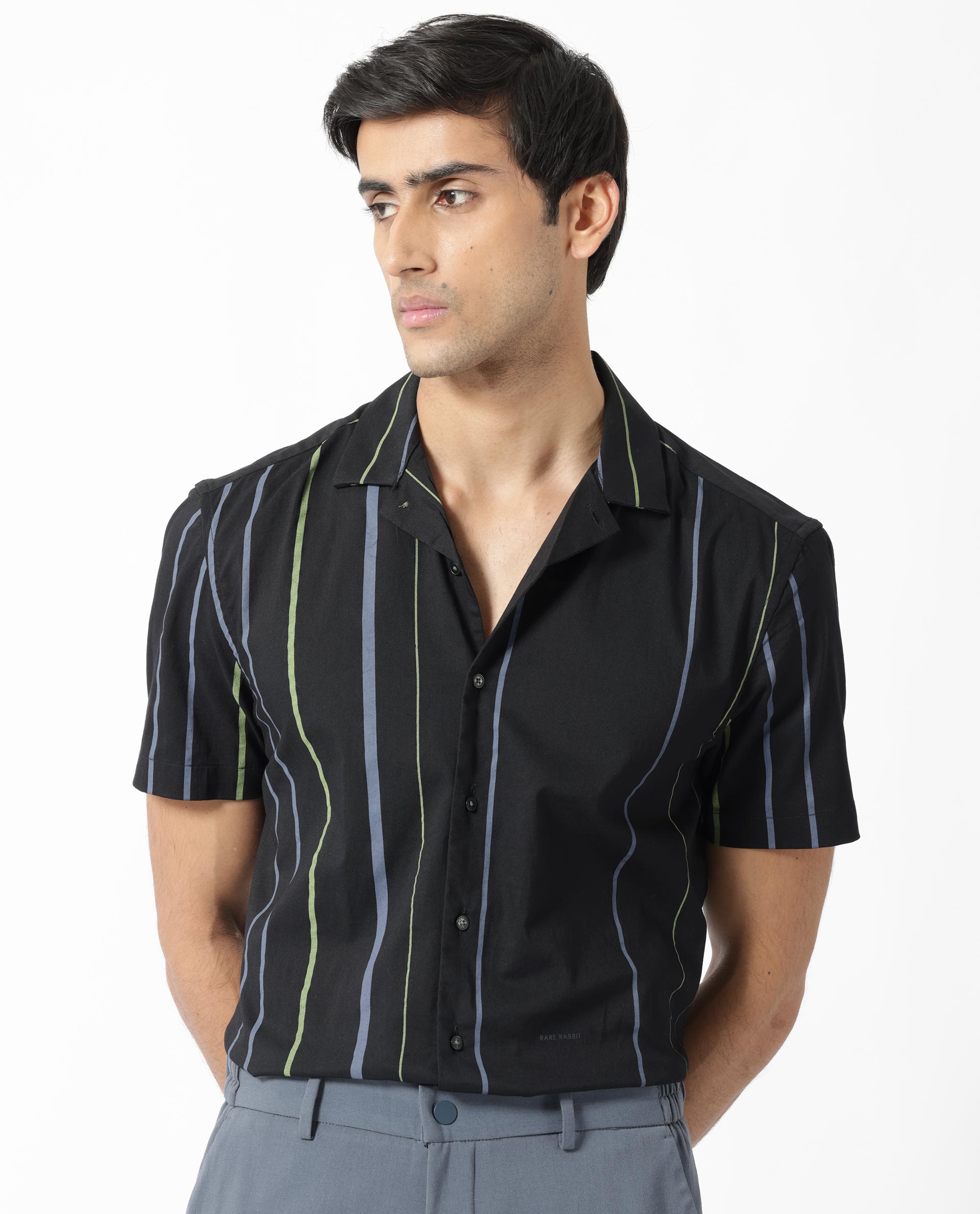 Rare Rabbit Men's Morlac Black Cotton Fabric Cuban Collar Half Sleeves Striped Shirt