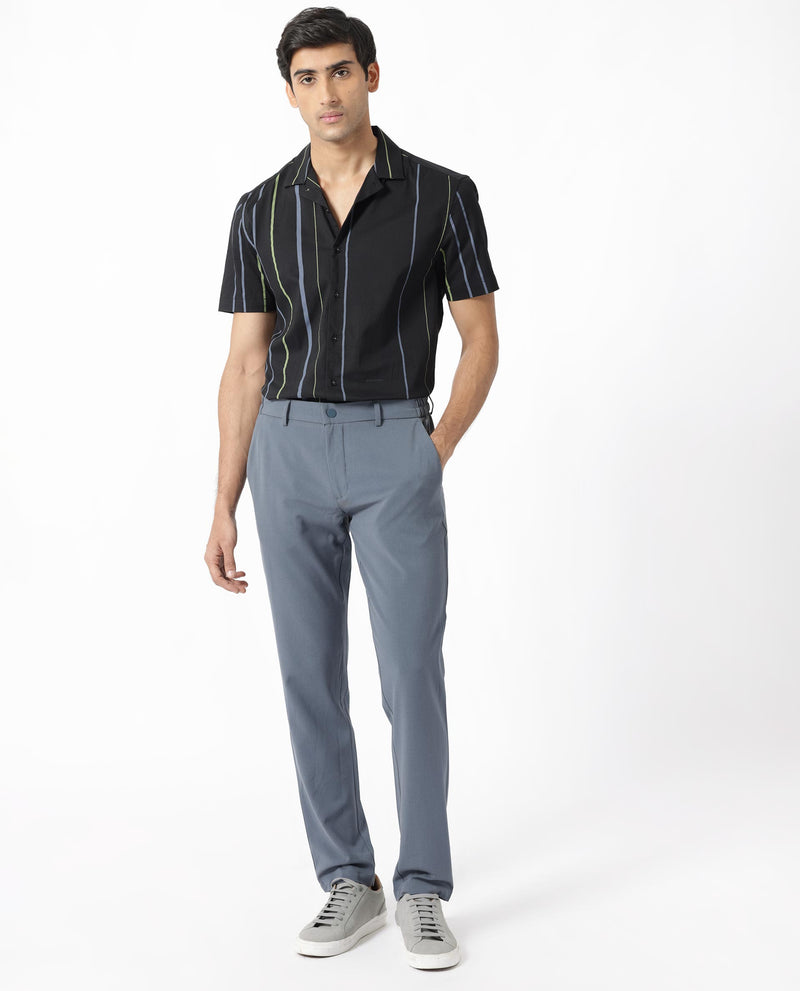 Rare Rabbit Men's Morlac Black Cotton Fabric Cuban Collar Half Sleeves Striped Shirt