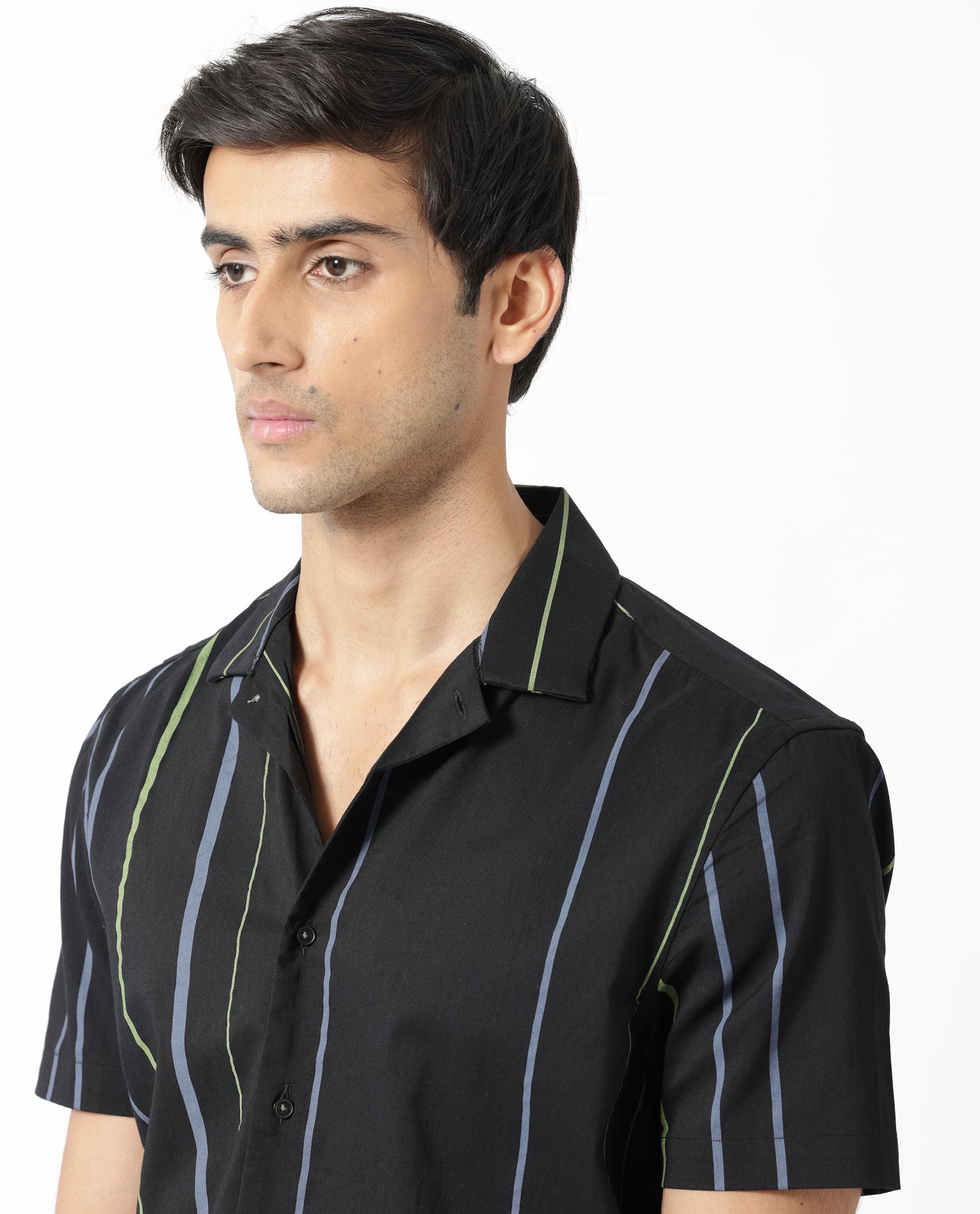 Rare Rabbit Men's Morlac Black Cotton Fabric Cuban Collar Half Sleeves Striped Shirt