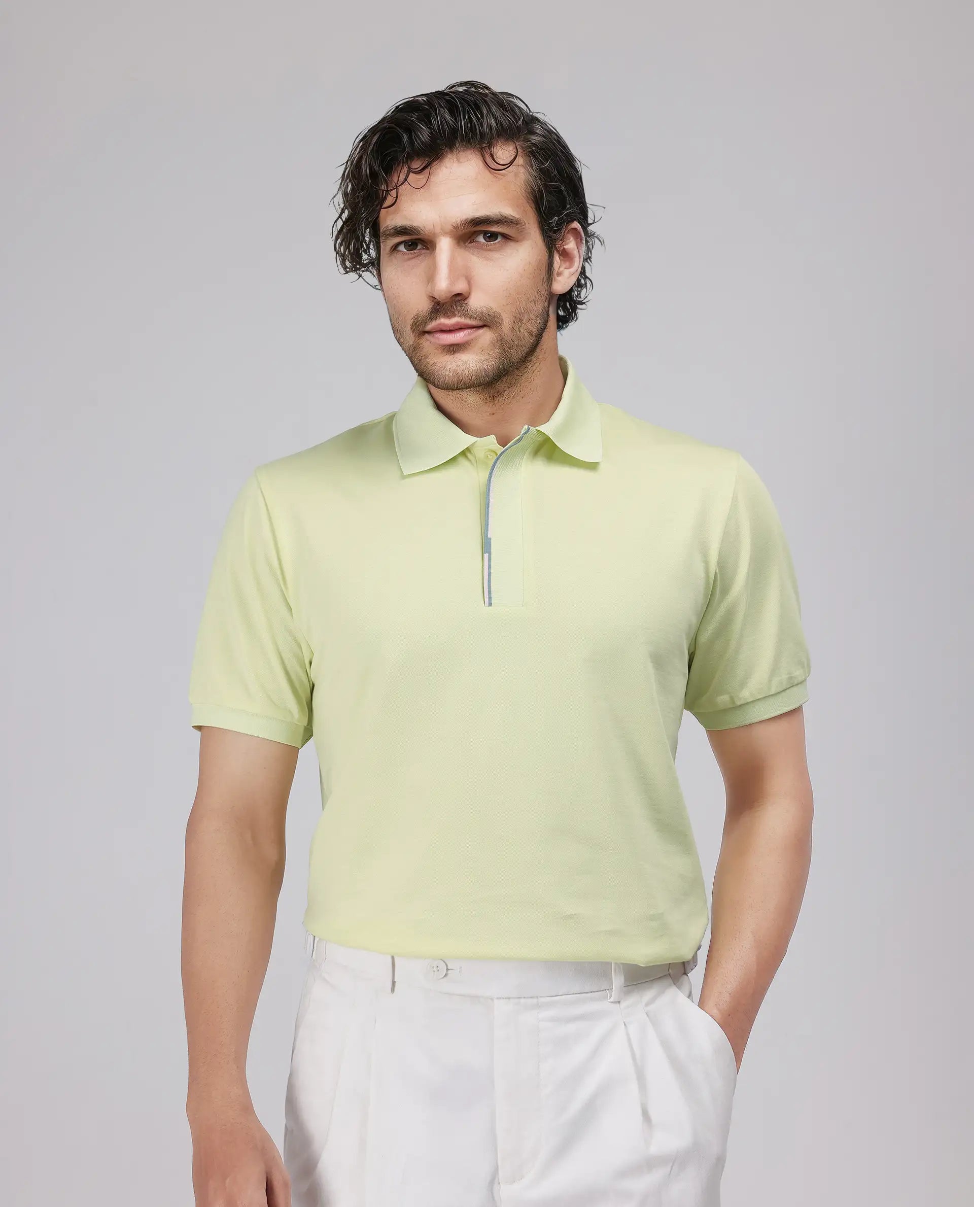 Rare Rabbit Men's Mor Light Yellow Cotton Blend Fabric Half Sleeve Spread Collar Regular Fit Plain Polo
