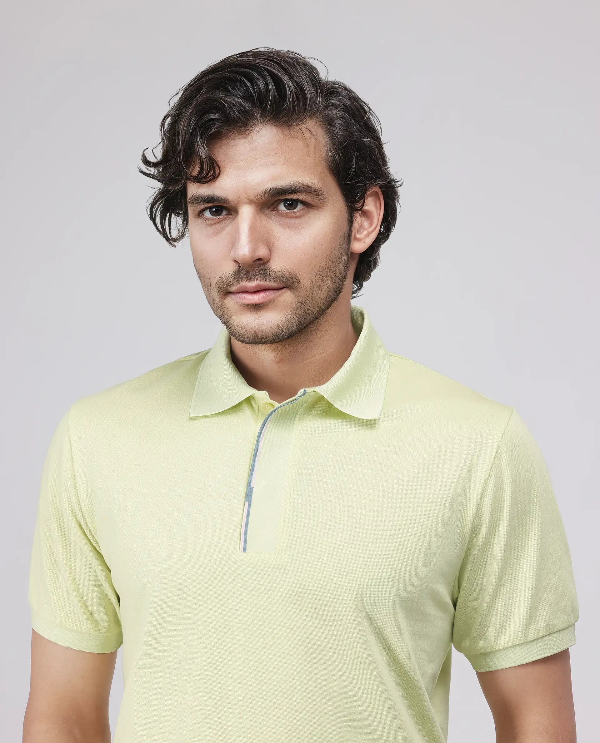 Rare Rabbit Men's Mor Light Yellow Cotton Blend Fabric Half Sleeve Spread Collar Regular Fit Plain Polo