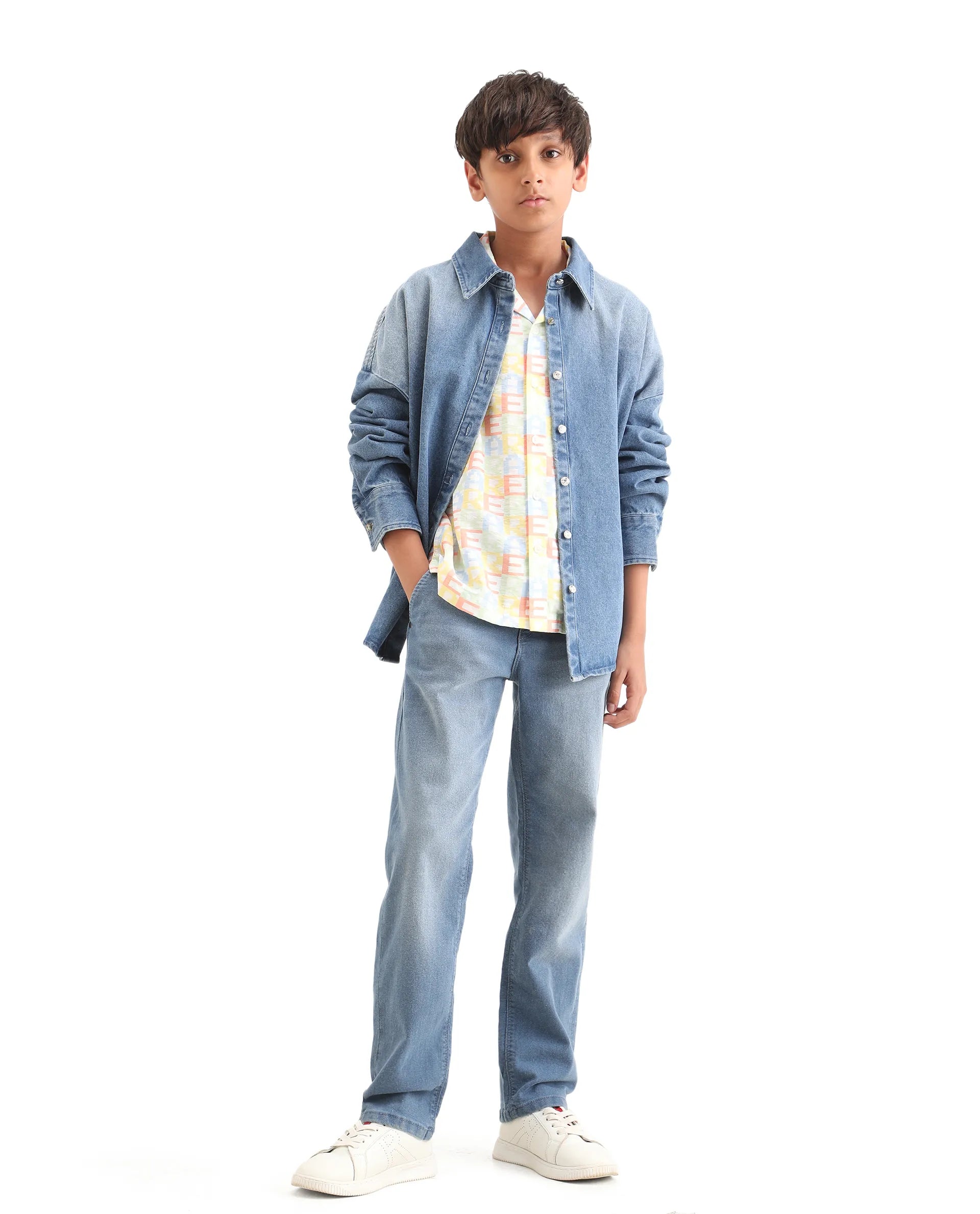 Rare Ones Kids Morg Light Blue Cotton Blend Button And Zipper Closure Plain Regular Fit Jeans