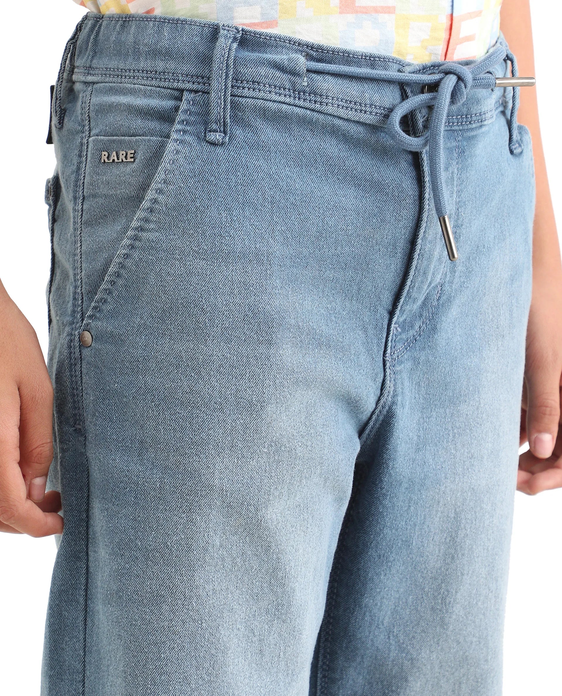 Rare Ones Kids Morg Light Blue Cotton Blend Button And Zipper Closure Plain Regular Fit Jeans
