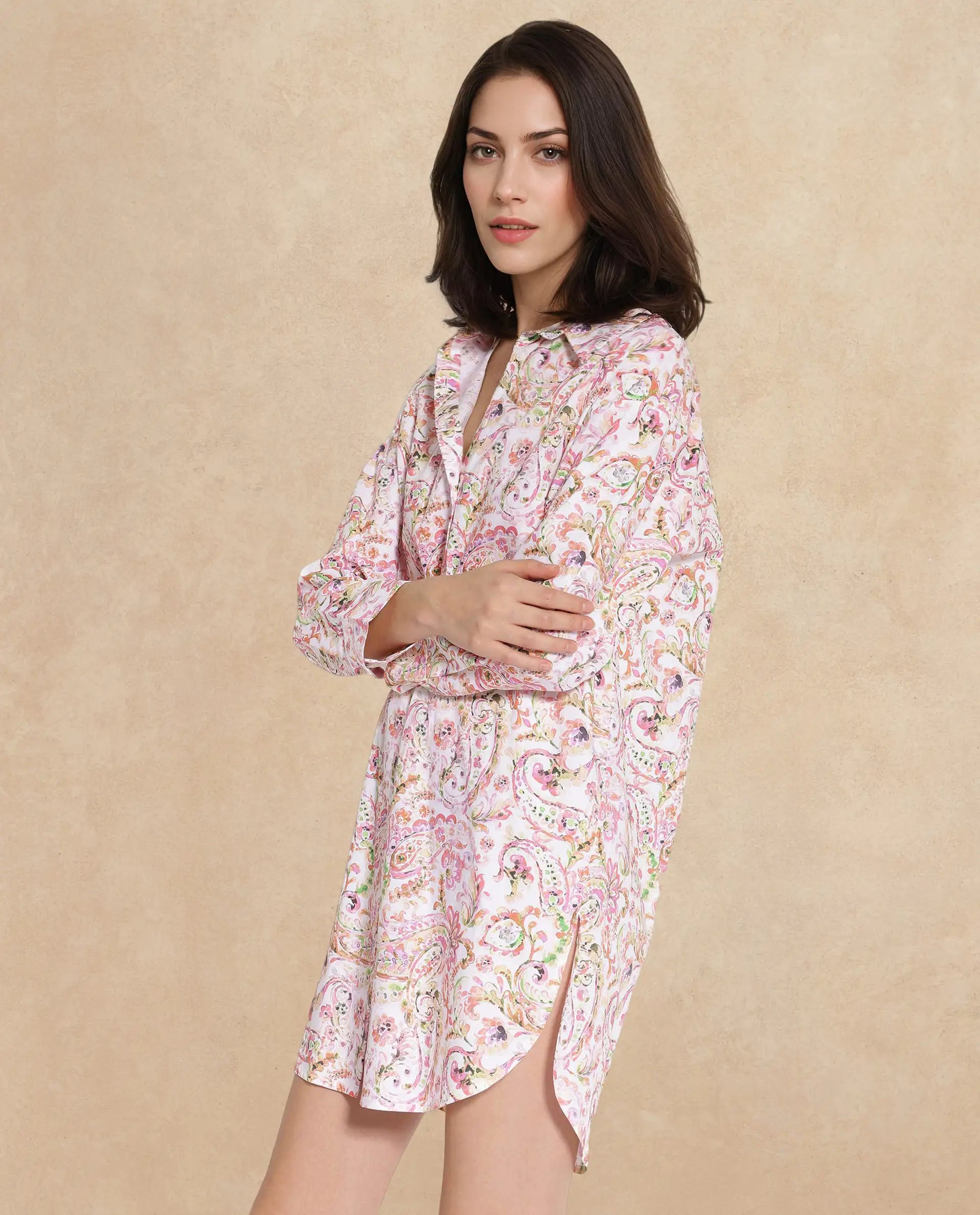 Rareism Women Morr Light Multi Cuffed Sleeve Collared Neck Button Closure Relaxed Fit Mini Paisley Print Dress