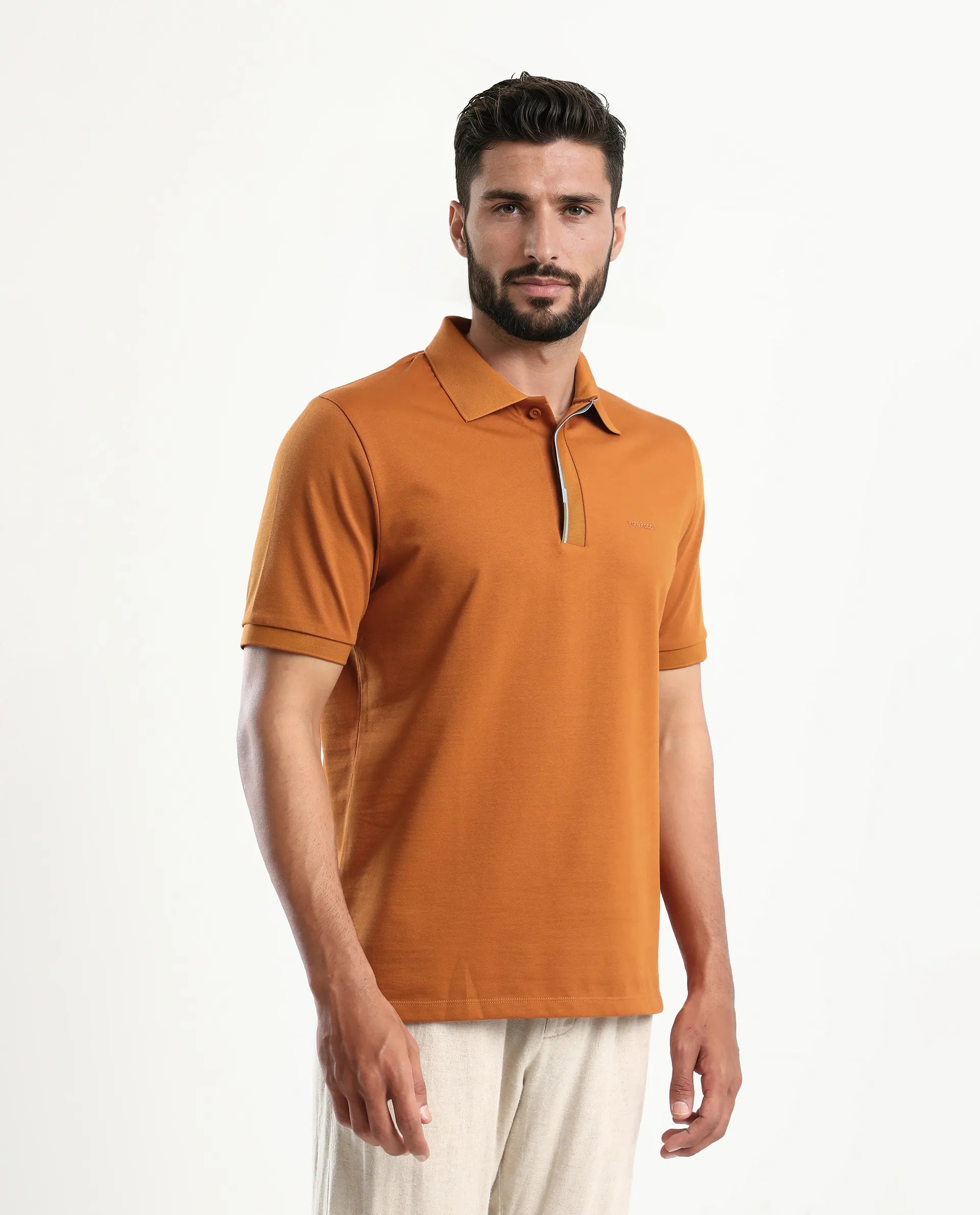 Rare Rabbit Men's Mor Rust Cotton Blend Plain Regular Fit Half Sleeve Polo