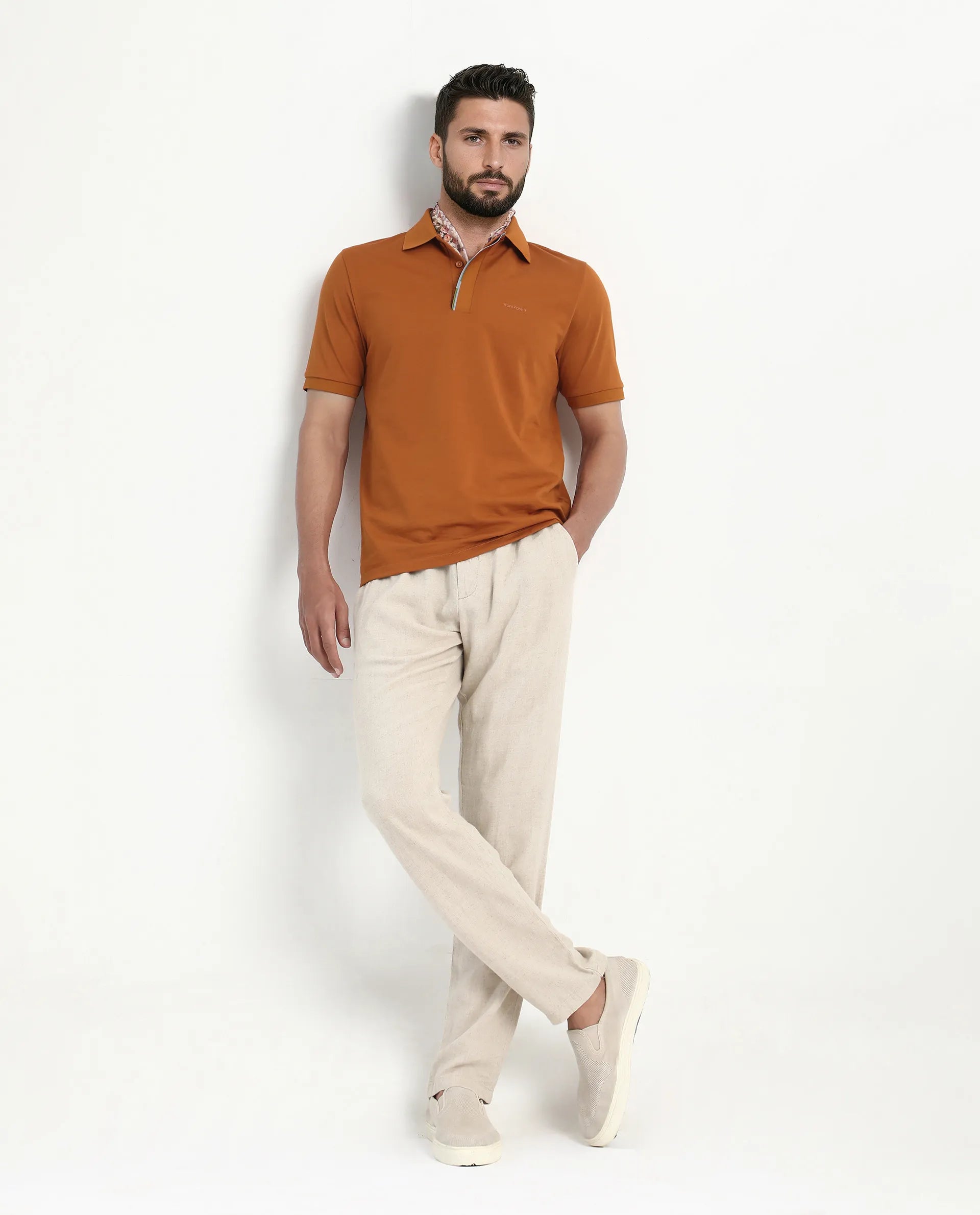 Rare Rabbit Men's Mor Rust Cotton Blend Plain Regular Fit Half Sleeve Polo