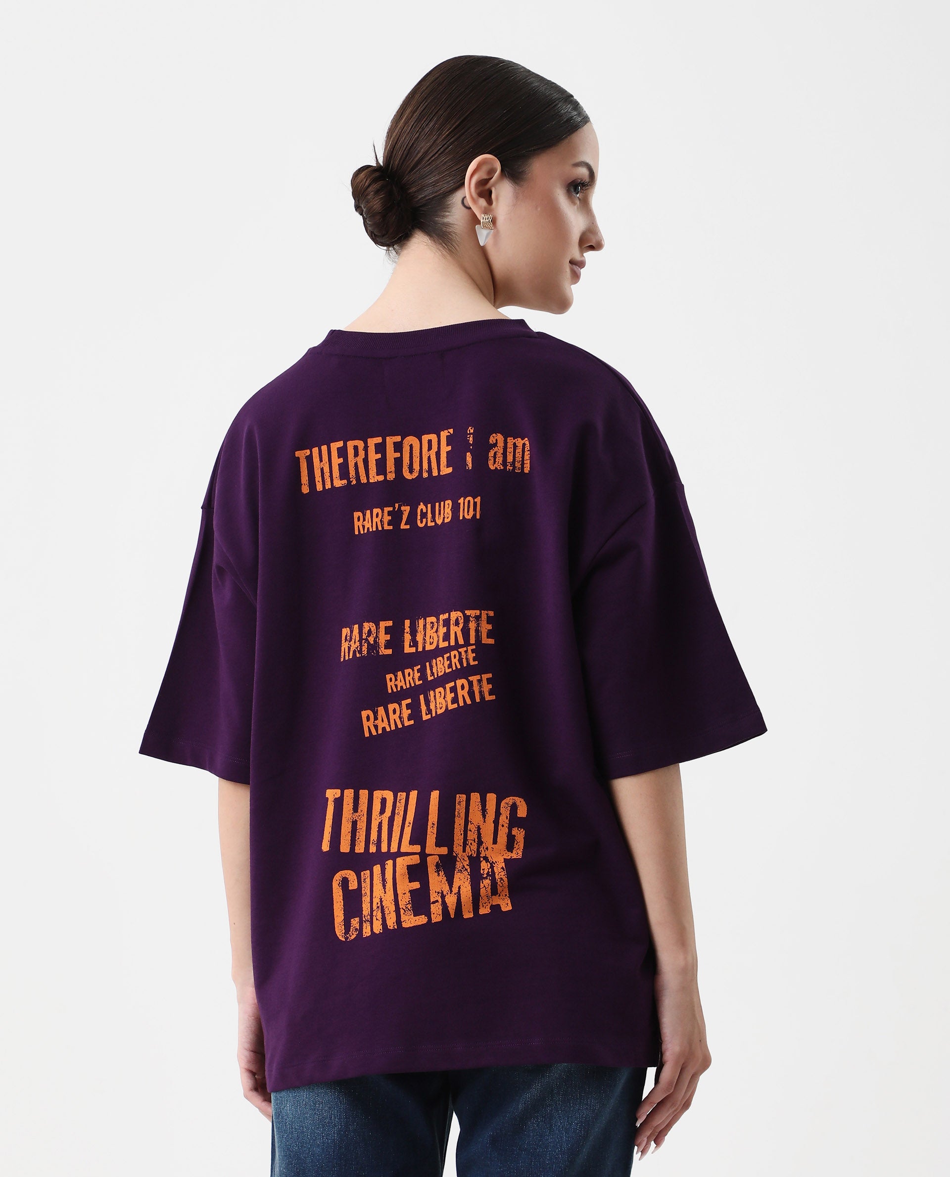 Rareism Women's Morsh Purple Cotton Graphic Print Oversized T-Shirt