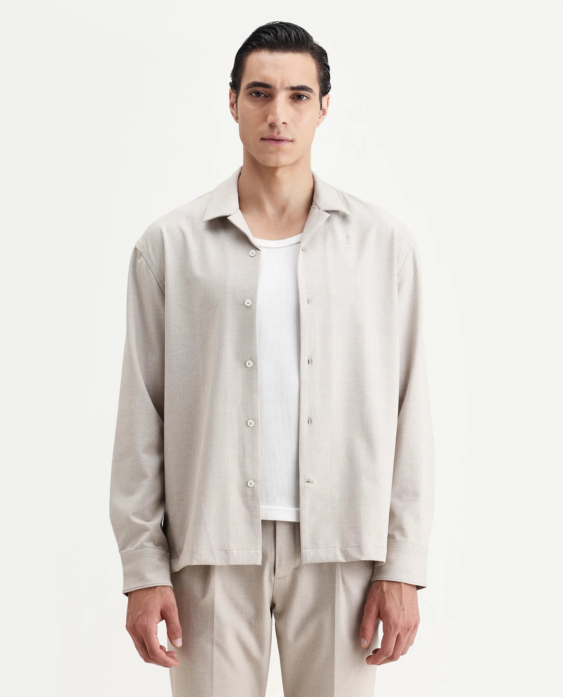 Rare Rabbit Men's Morst-T Beige Polyester Blend Checked Print Regular Fit Full Sleeve Cuban Collar Shirt