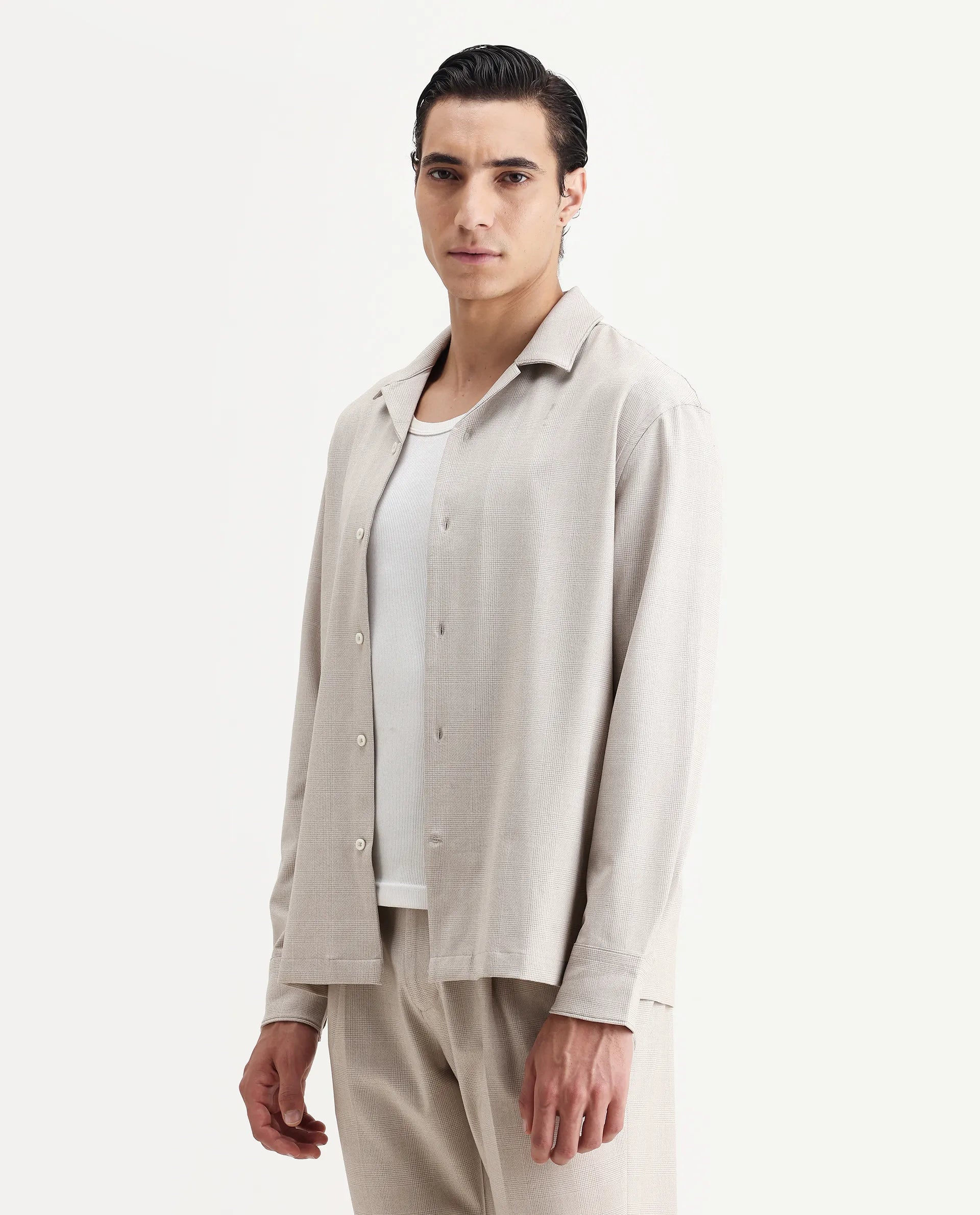 Rare Rabbit Men's Morst-T Beige Polyester Blend Checked Print Regular Fit Full Sleeve Cuban Collar Shirt