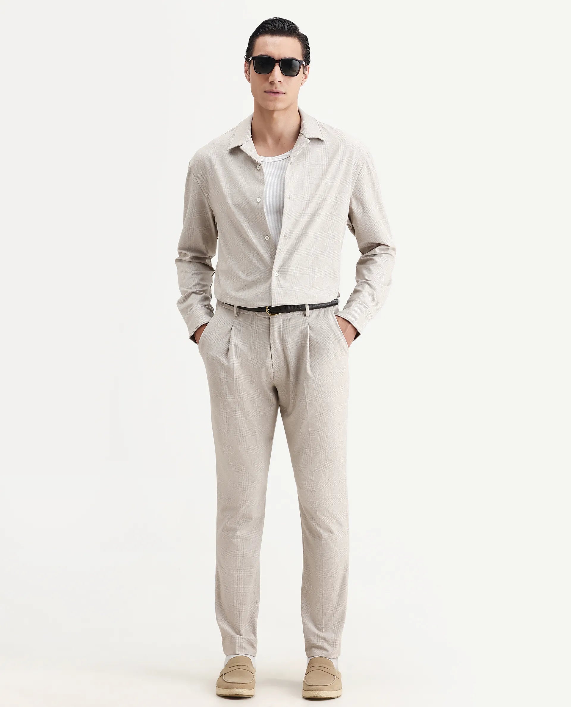 Rare Rabbit Men's Morst-T Beige Polyester Blend Checked Print Regular Fit Full Sleeve Cuban Collar Shirt