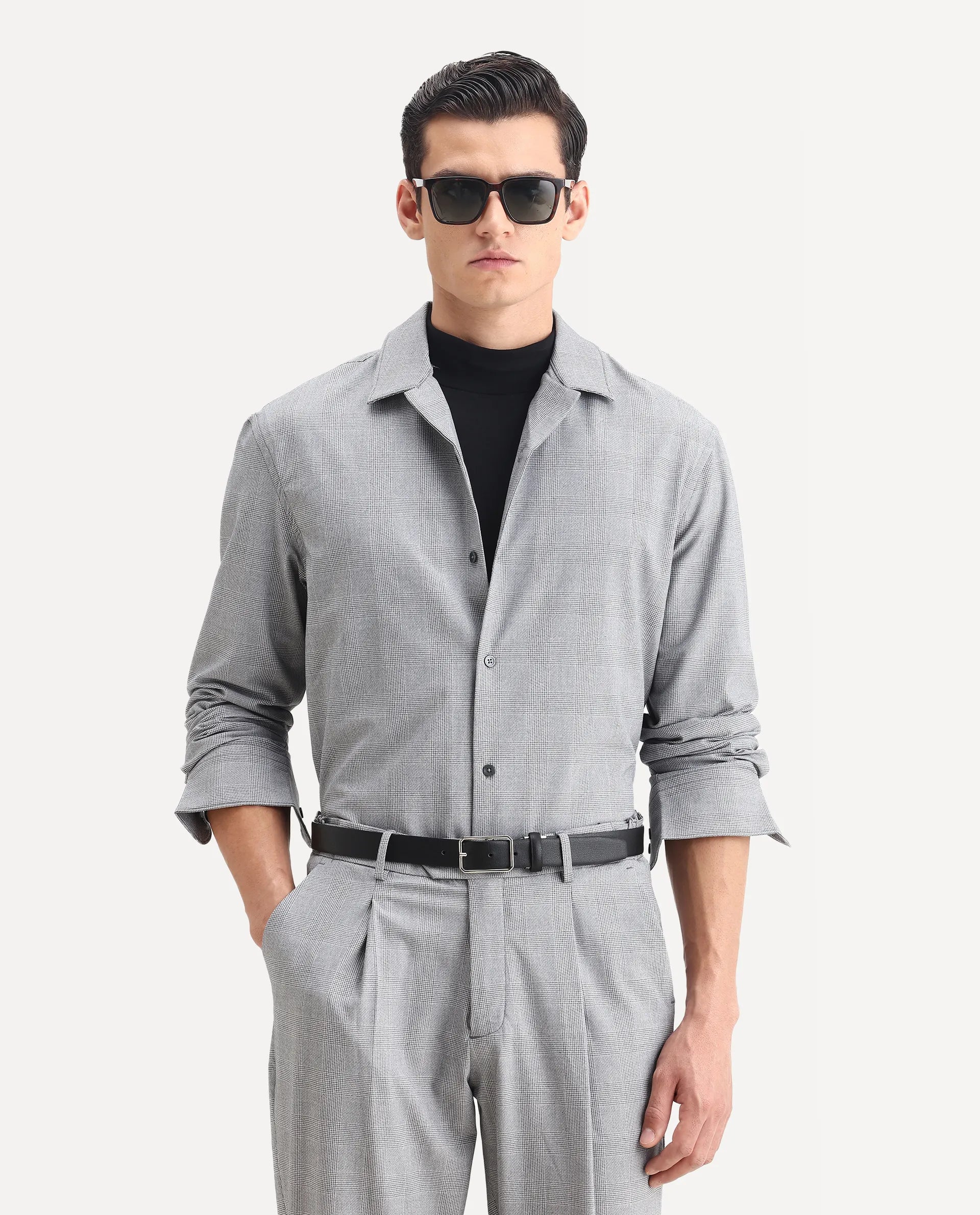 Rare Rabbit Men's Morst-T Dark Grey Polyester Blend Checked Print Regular Fit Full Sleeve Cuban Collar Shirt