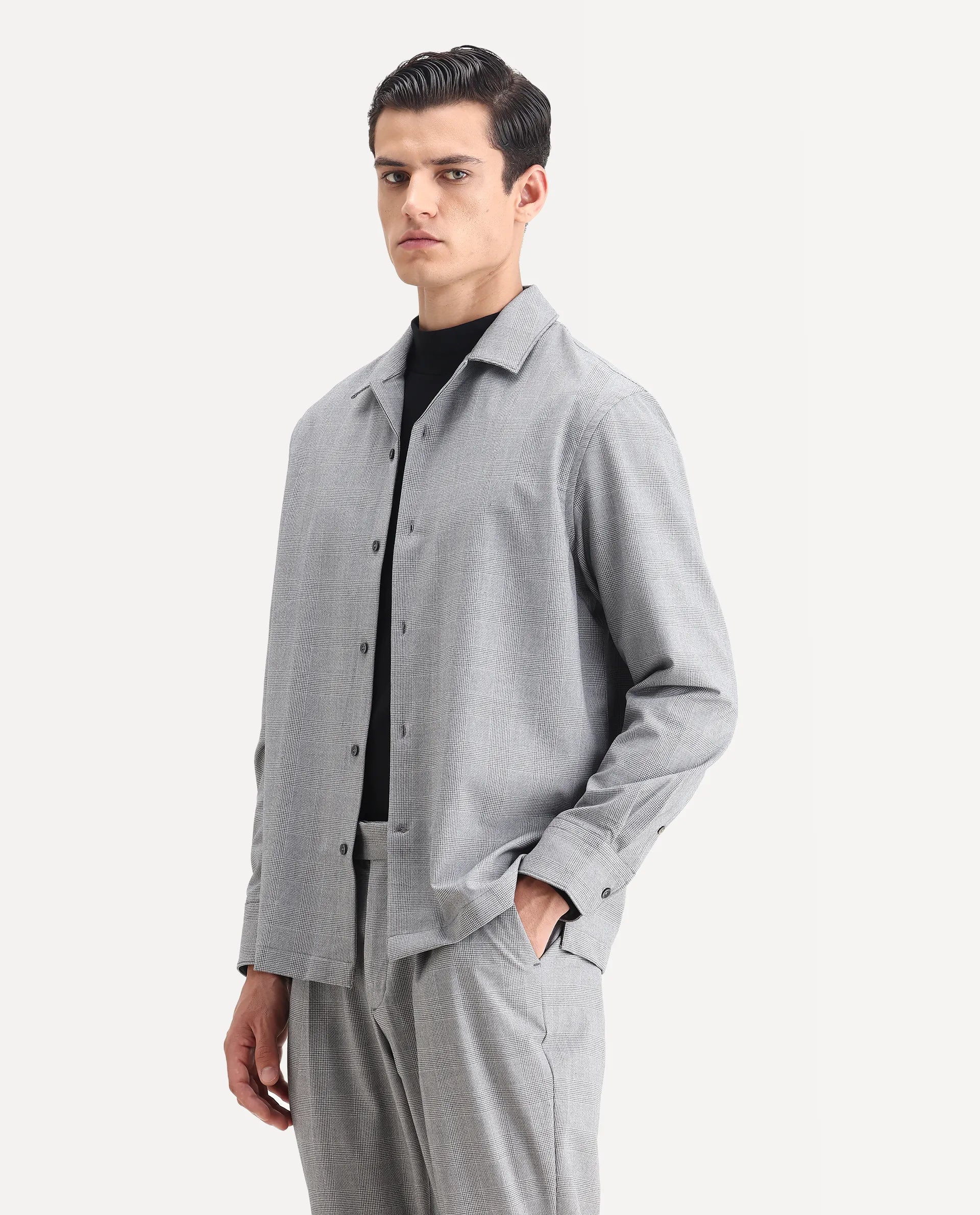 Rare Rabbit Men's Morst-T Dark Grey Polyester Blend Checked Print Regular Fit Full Sleeve Cuban Collar Shirt