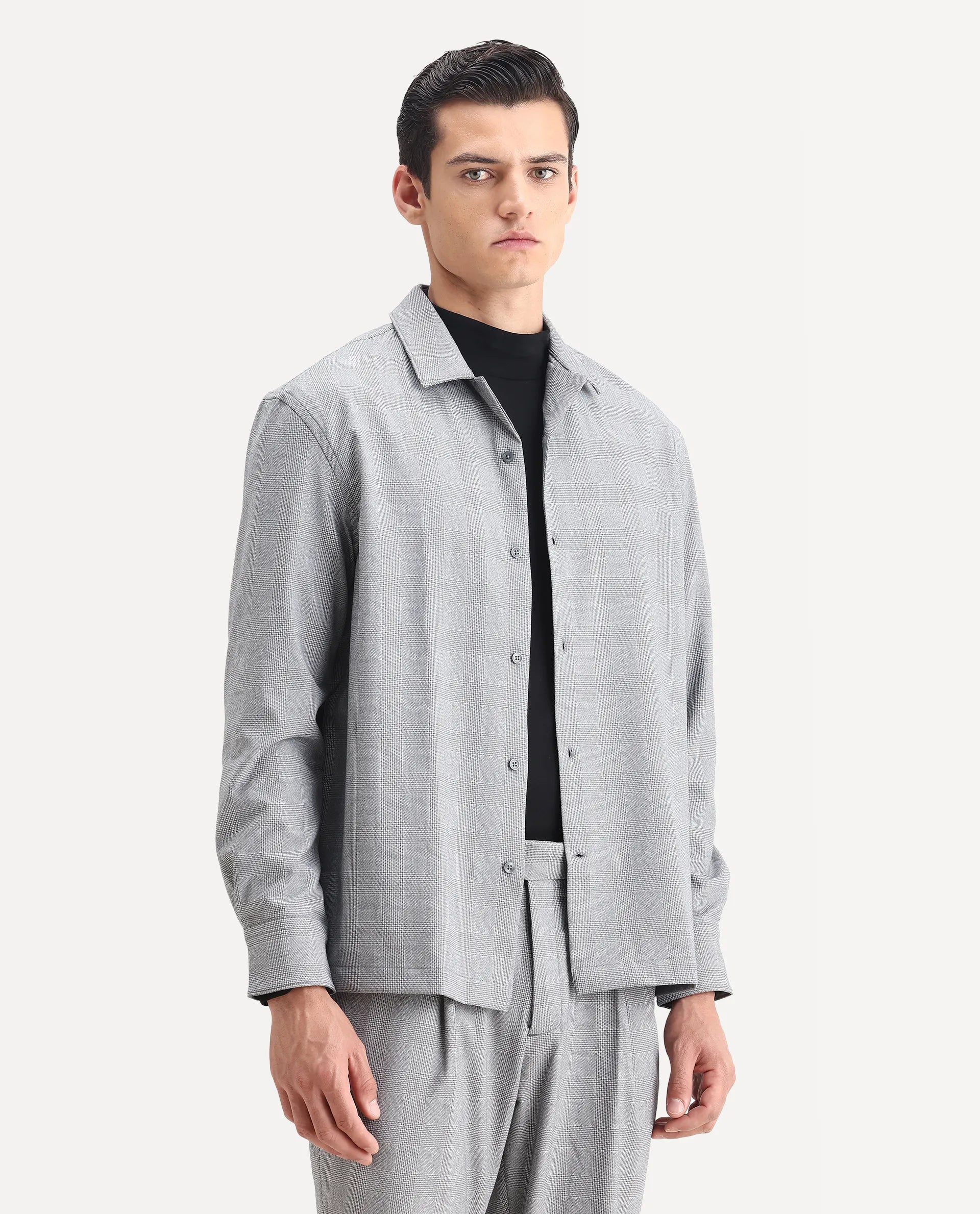 Rare Rabbit Men's Morst-T Dark Grey Polyester Blend Checked Print Regular Fit Full Sleeve Cuban Collar Shirt