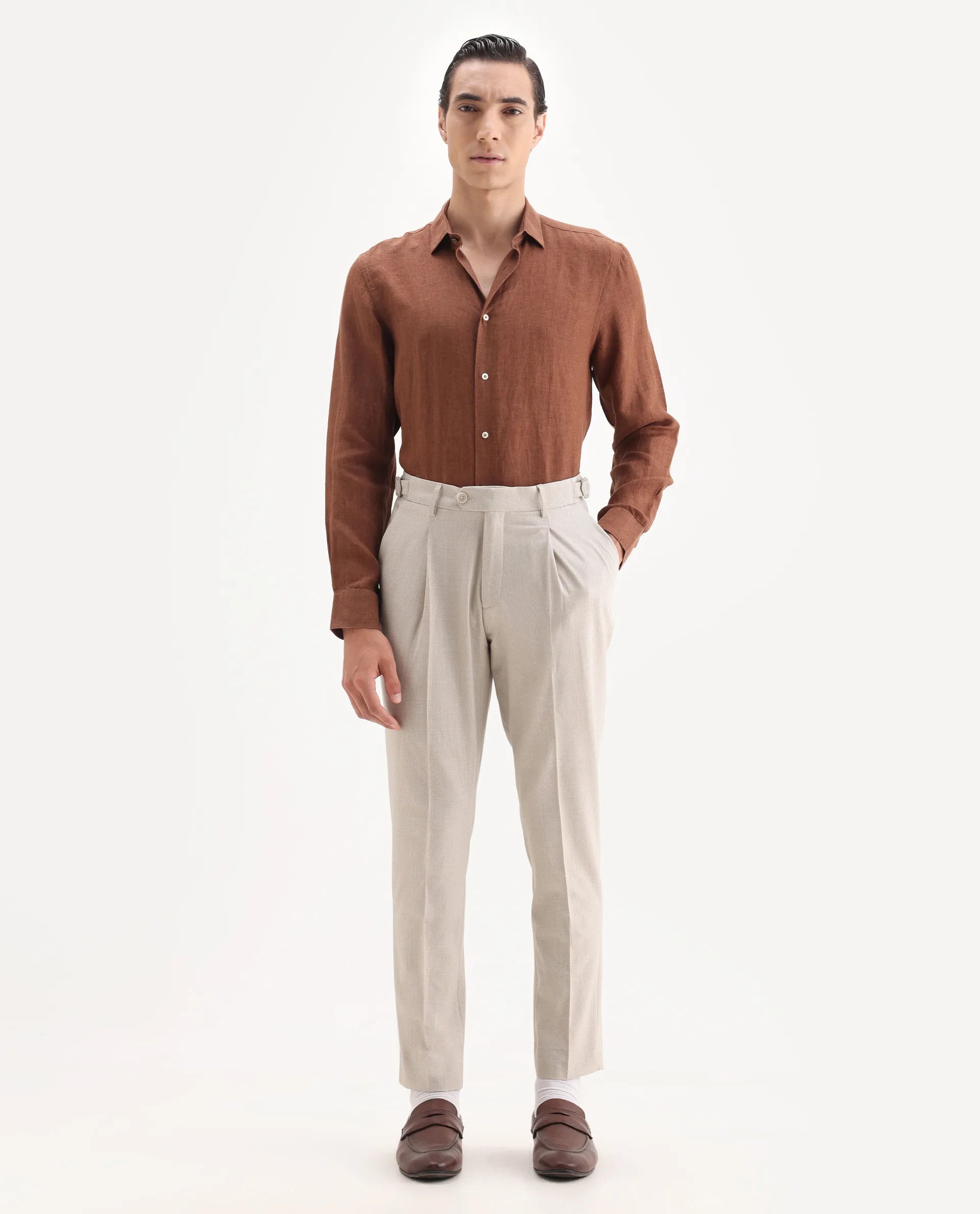 Rare Rabbit Men's Morst Beige Cotton Blend Checked Print Relaxed Fit Trouser