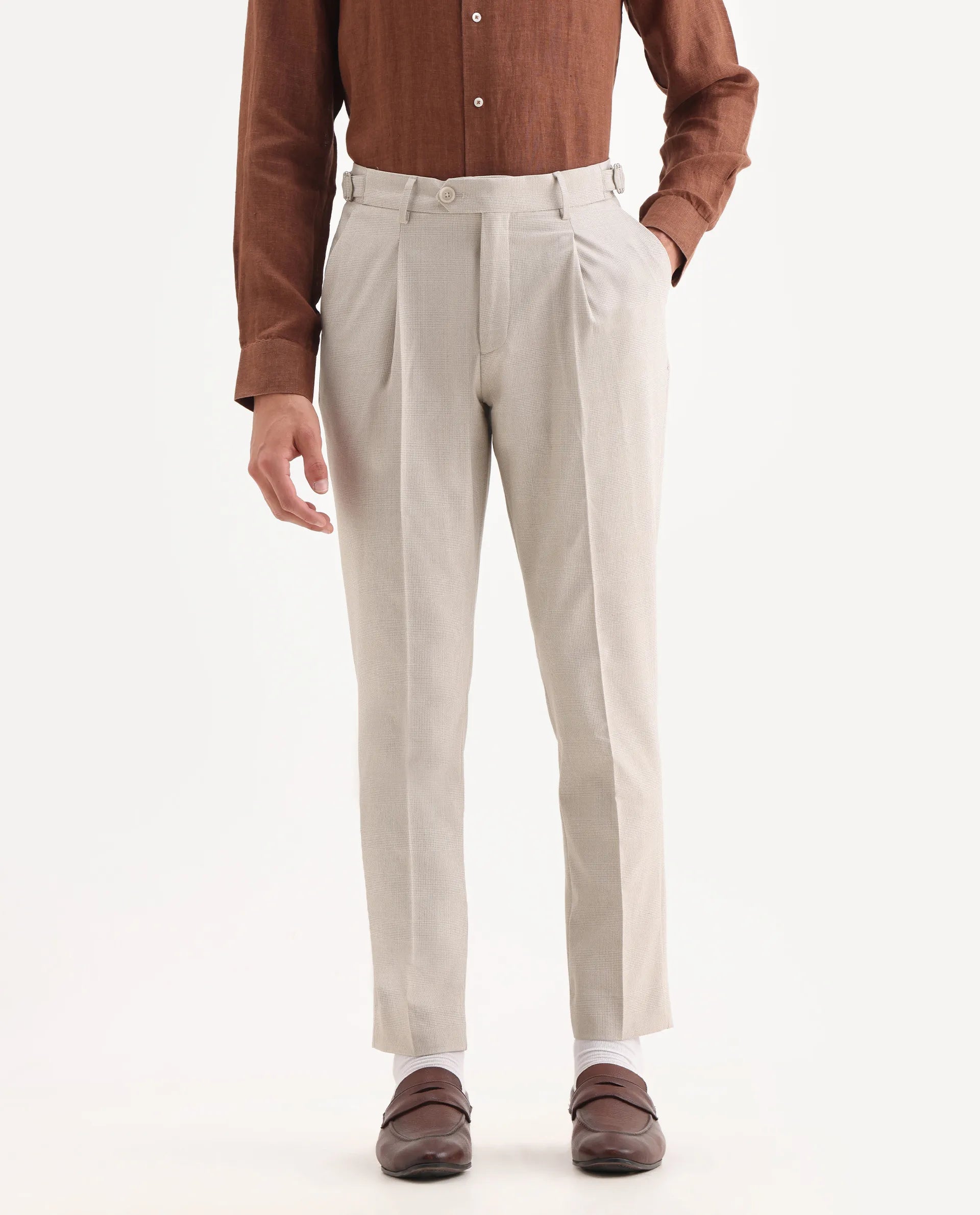 Rare Rabbit Men's Morst Beige Cotton Blend Checked Print Relaxed Fit Trouser