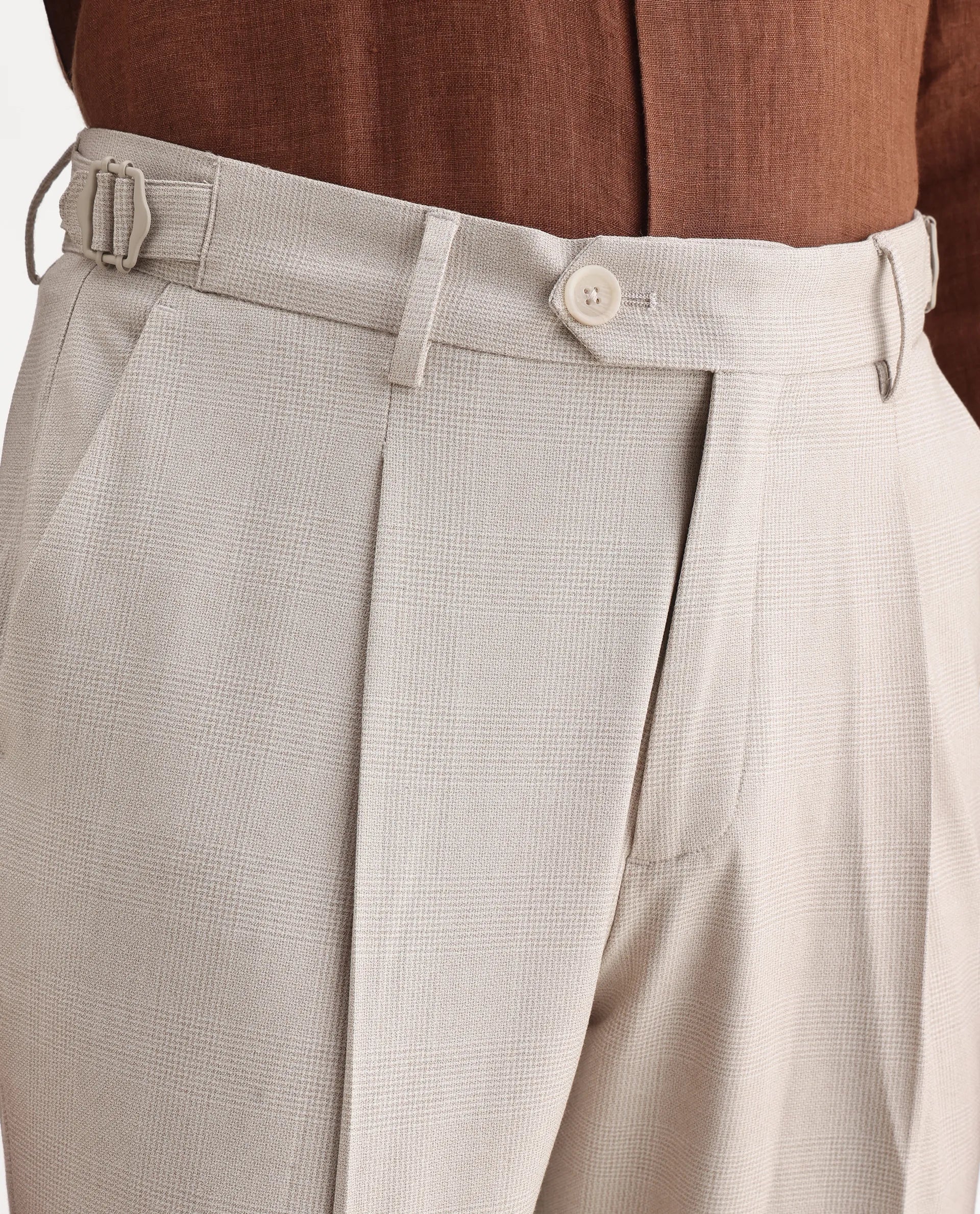 Rare Rabbit Men's Morst Beige Cotton Blend Checked Print Relaxed Fit Trouser