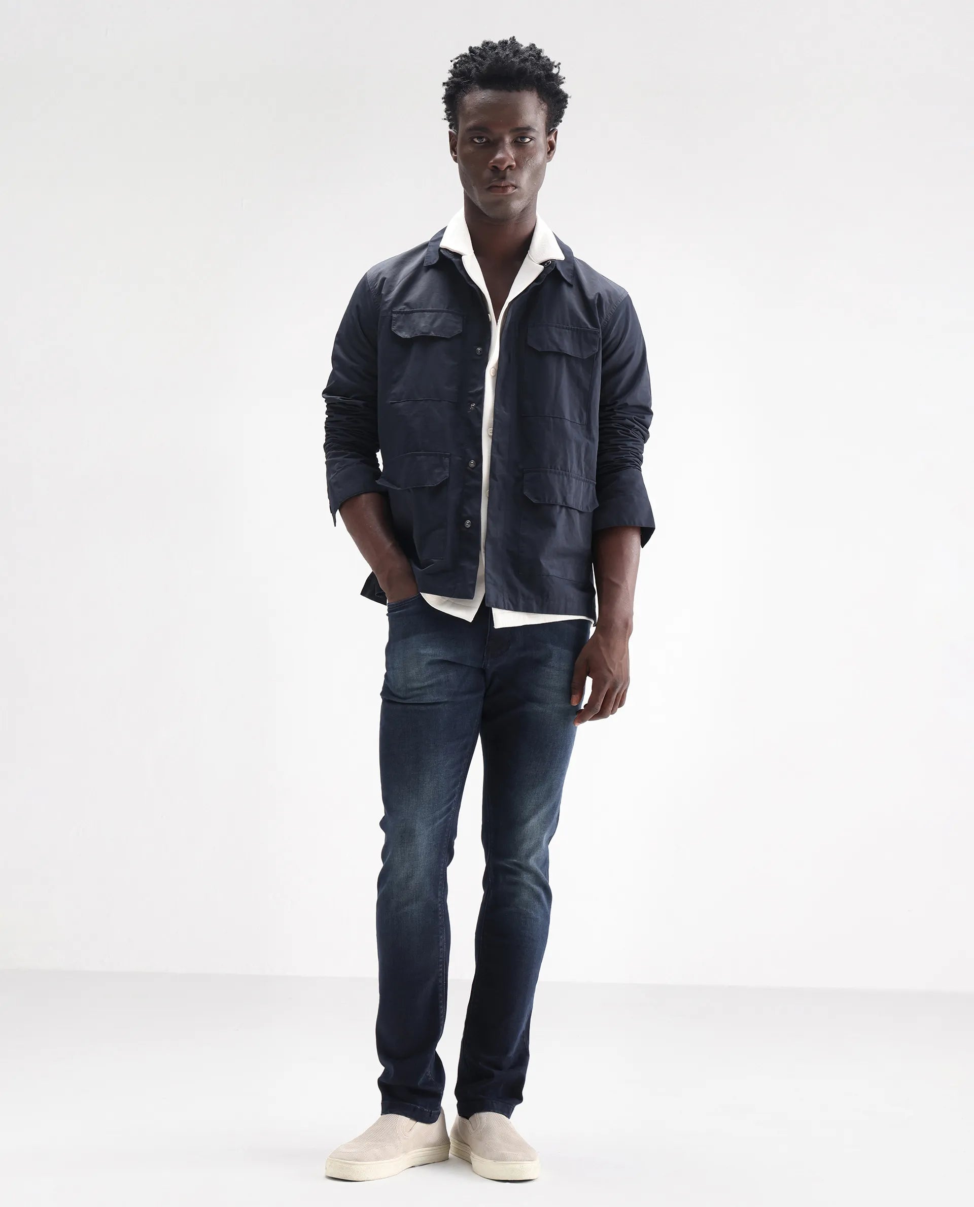 Rare Rabbit Men's Morvan Dark Blue Cotton Plain Hawk Slim Fit Jeans