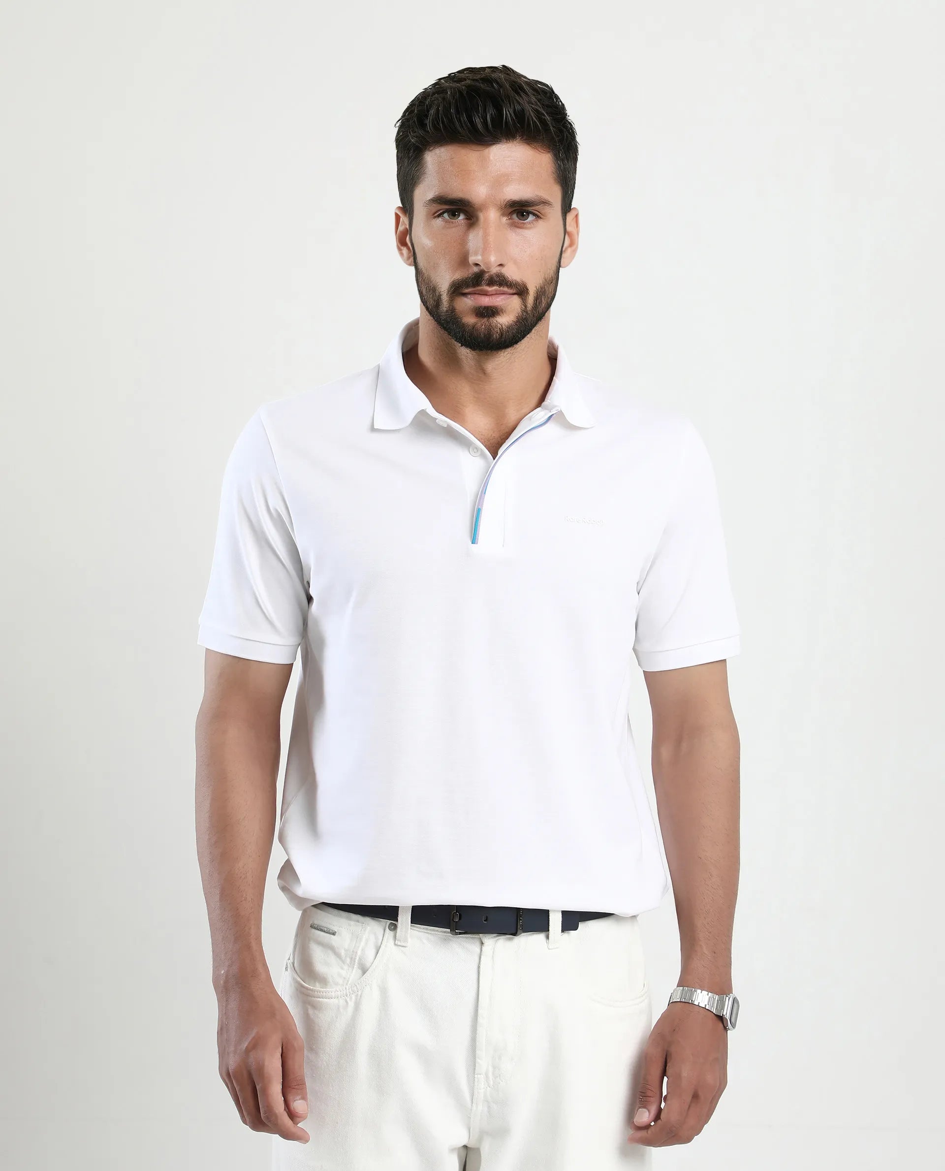 Rare Rabbit Men's Mor White Cotton Blend Plain Regular Fit Half Sleeve Polo