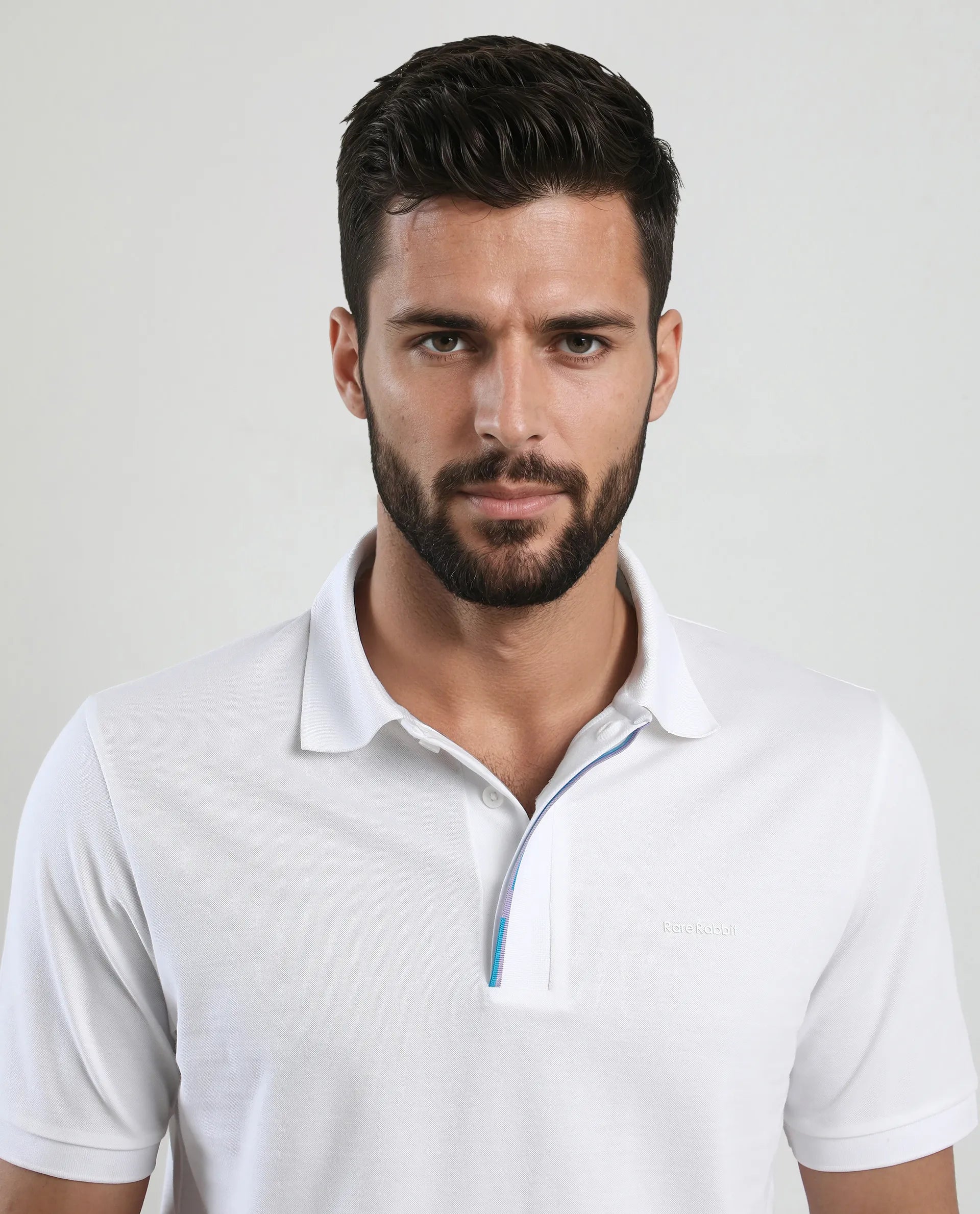 Rare Rabbit Men's Mor White Cotton Blend Plain Regular Fit Half Sleeve Polo