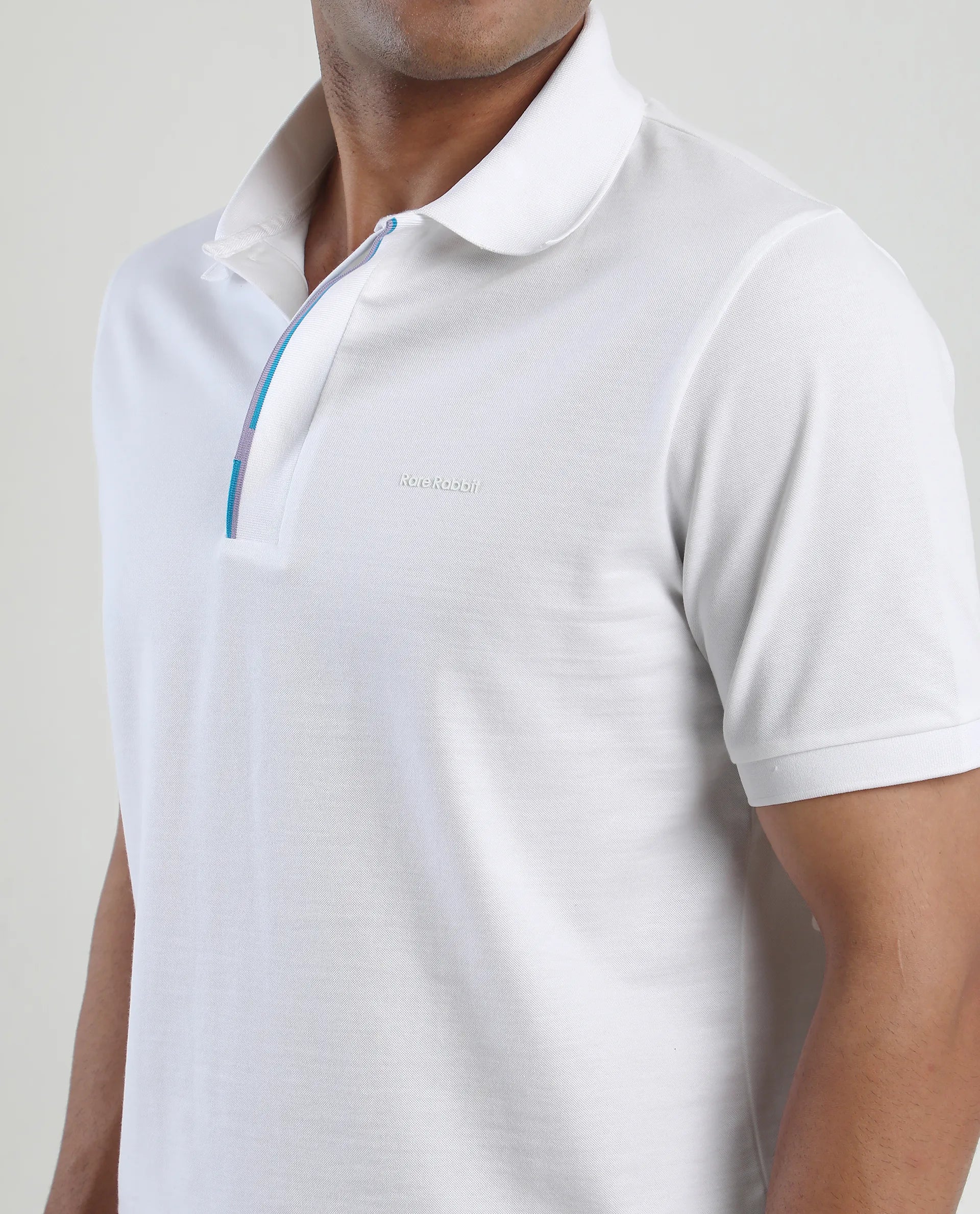 Rare Rabbit Men's Mor White Cotton Blend Plain Regular Fit Half Sleeve Polo
