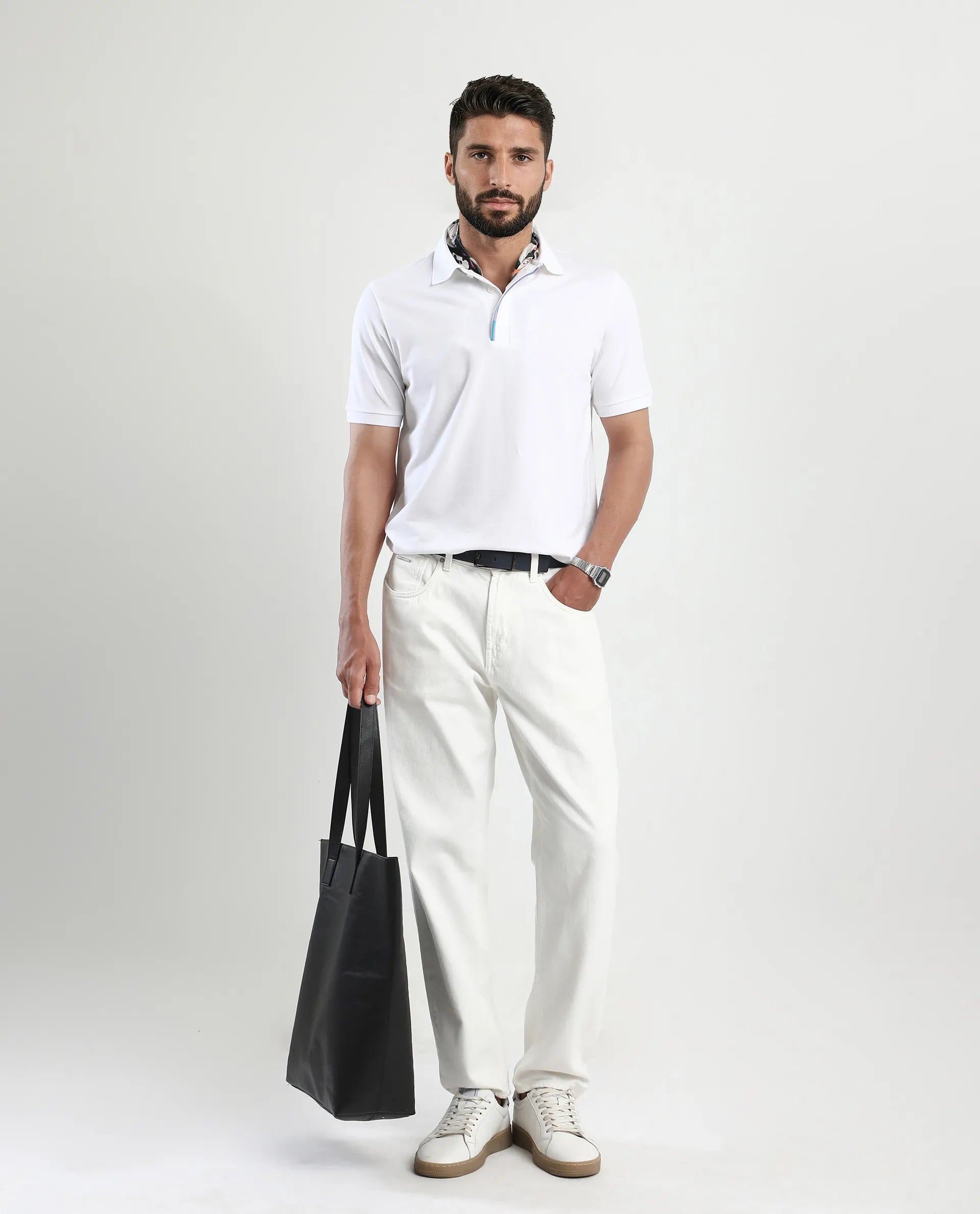 Rare Rabbit Men's Mor White Cotton Blend Plain Regular Fit Half Sleeve Polo