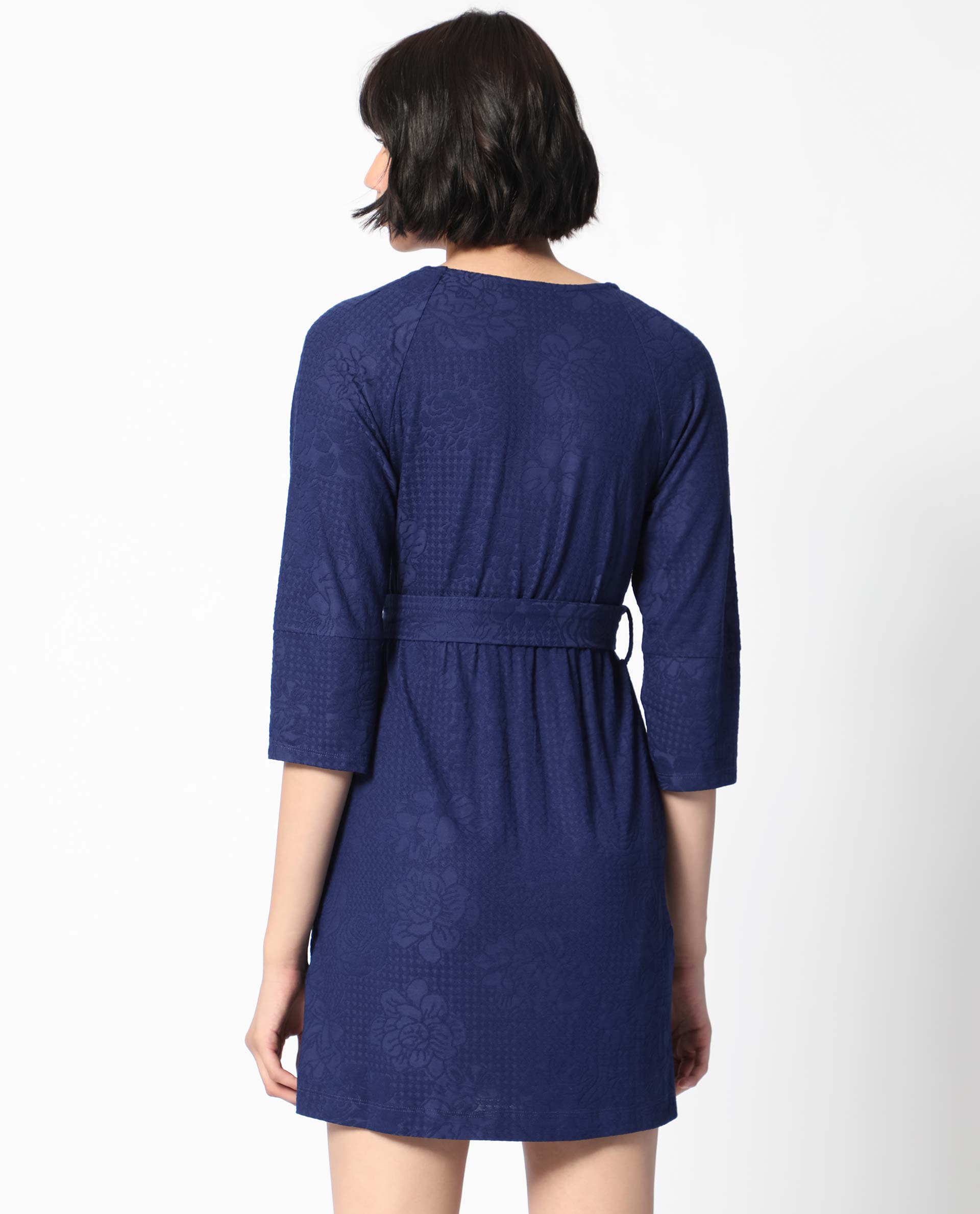 Rareism Women's Mose Navy Polyester Fabric V-Neck Tie-Up Closure 3/4Th Sleeve Floral Print  Mini Dress