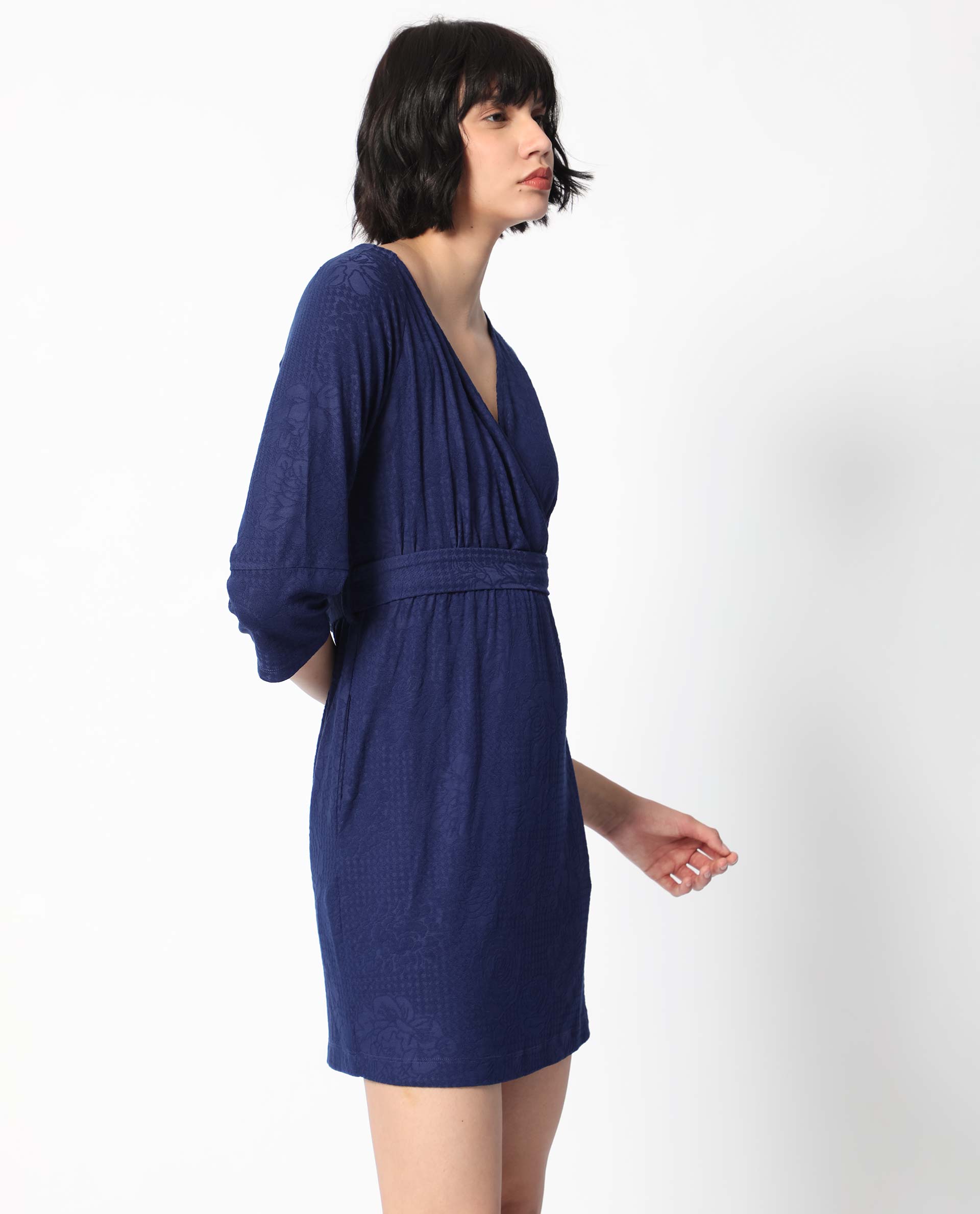 Rareism Women's Mose Navy Polyester Fabric V-Neck Tie-Up Closure 3/4Th Sleeve Floral Print  Mini Dress