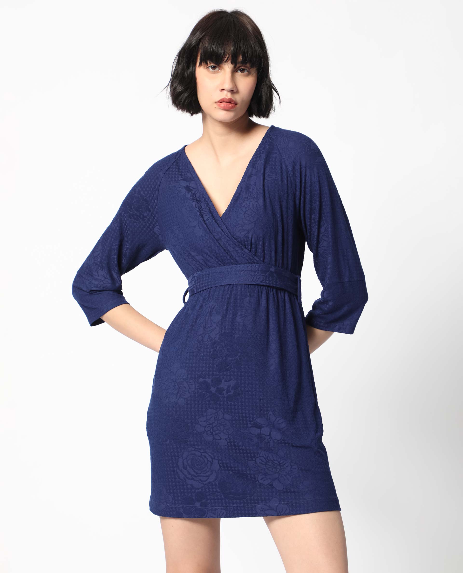 Rareism Women's Mose Navy Polyester Fabric V-Neck Tie-Up Closure 3/4Th Sleeve Floral Print  Mini Dress