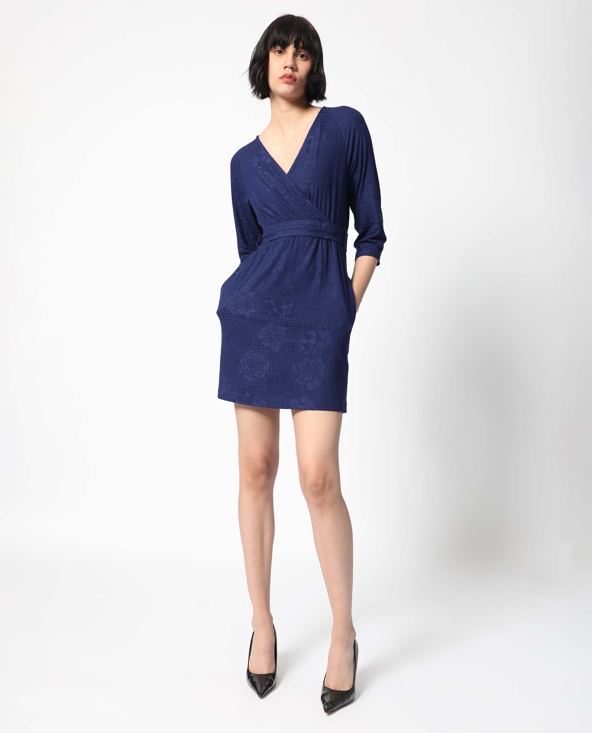 Rareism Women's Mose Navy Polyester Fabric V-Neck Tie-Up Closure 3/4Th Sleeve Floral Print  Mini Dress