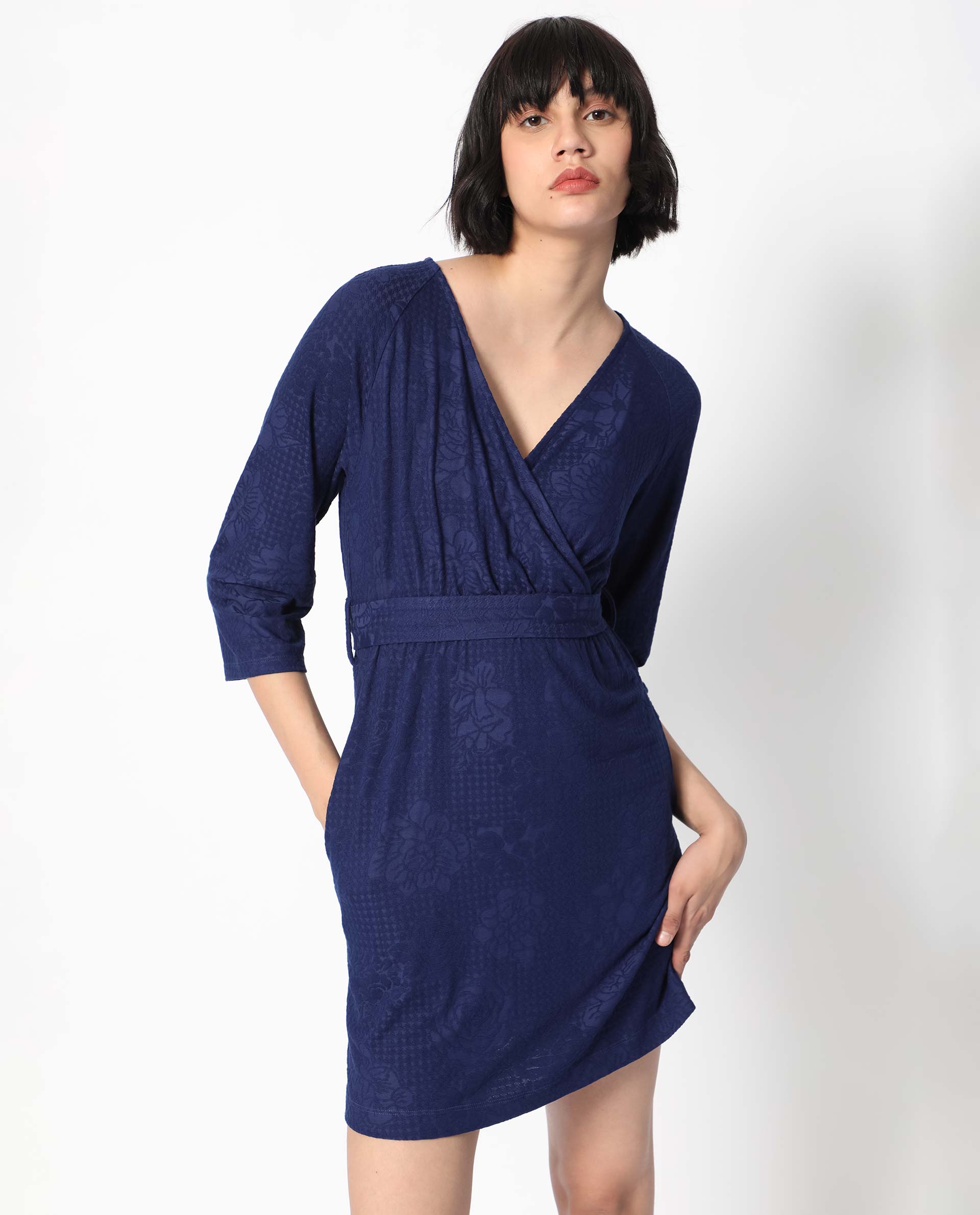 Rareism Women's Mose Navy Polyester Fabric V-Neck Tie-Up Closure 3/4Th Sleeve Floral Print  Mini Dress