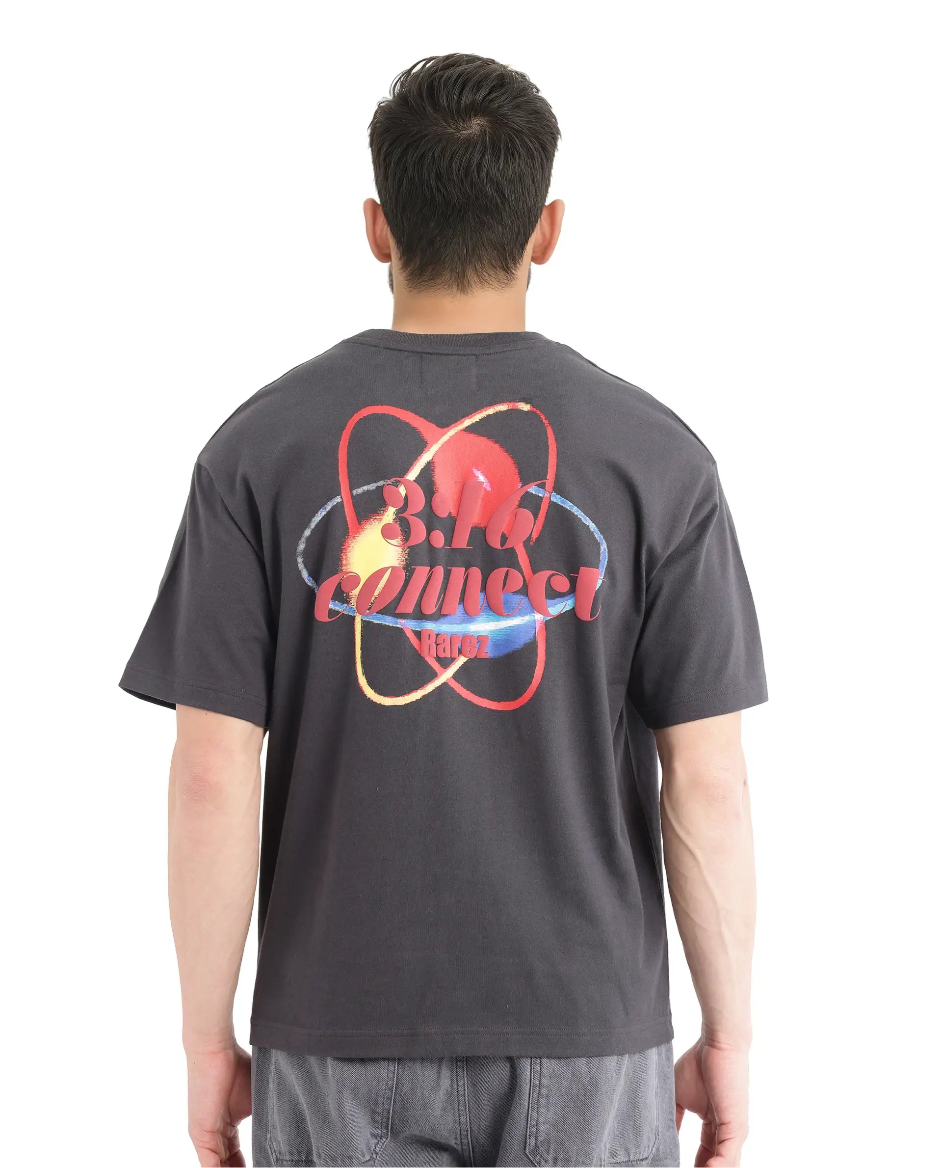 Rare Rabbit Men's Mosh Dark Grey Cotton Fabric Half Sleeve Crew Neck Oversized Fit Graphic Print T-Shirt