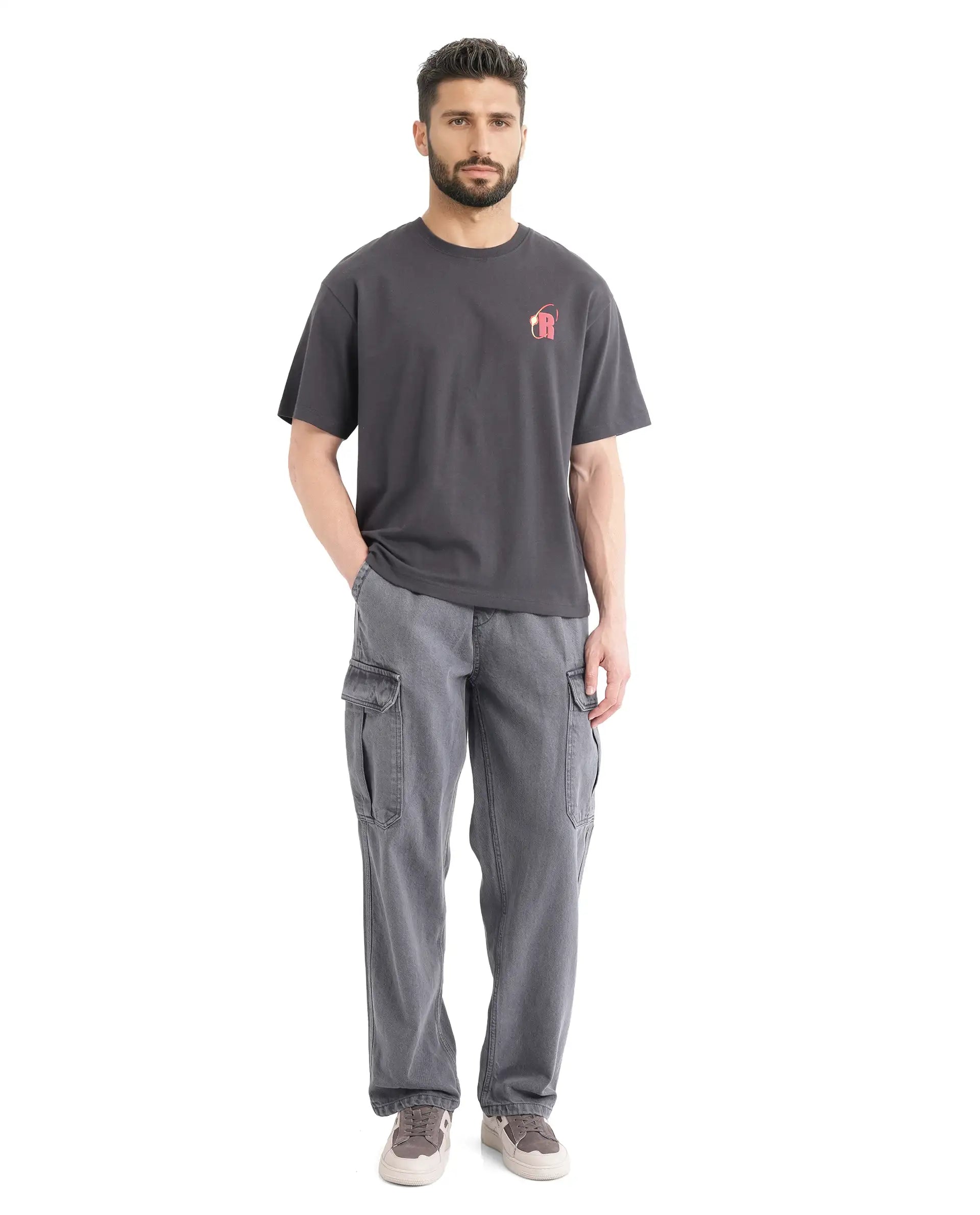 Rare Rabbit Men's Mosh Dark Grey Cotton Fabric Half Sleeve Crew Neck Oversized Fit Graphic Print T-Shirt