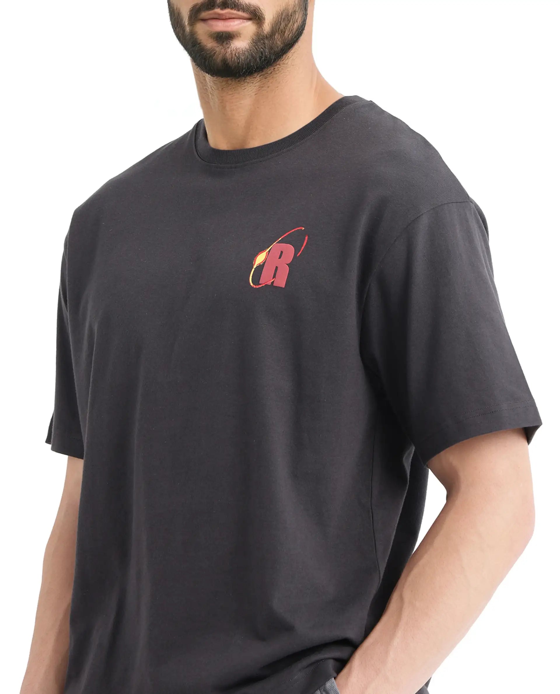 Rare Rabbit Men's Mosh Dark Grey Cotton Fabric Half Sleeve Crew Neck Oversized Fit Graphic Print T-Shirt
