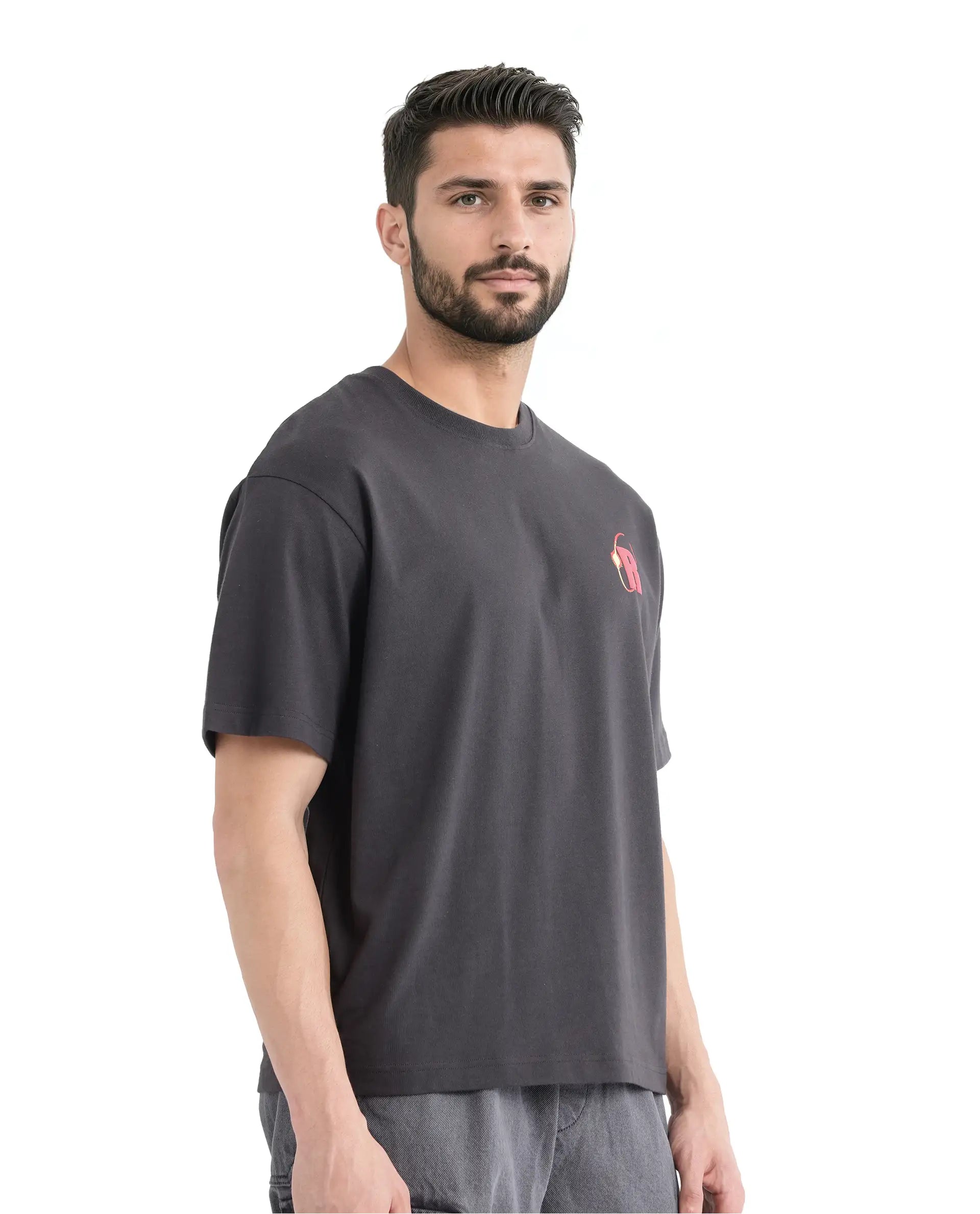 Rare Rabbit Men's Mosh Dark Grey Cotton Fabric Half Sleeve Crew Neck Oversized Fit Graphic Print T-Shirt