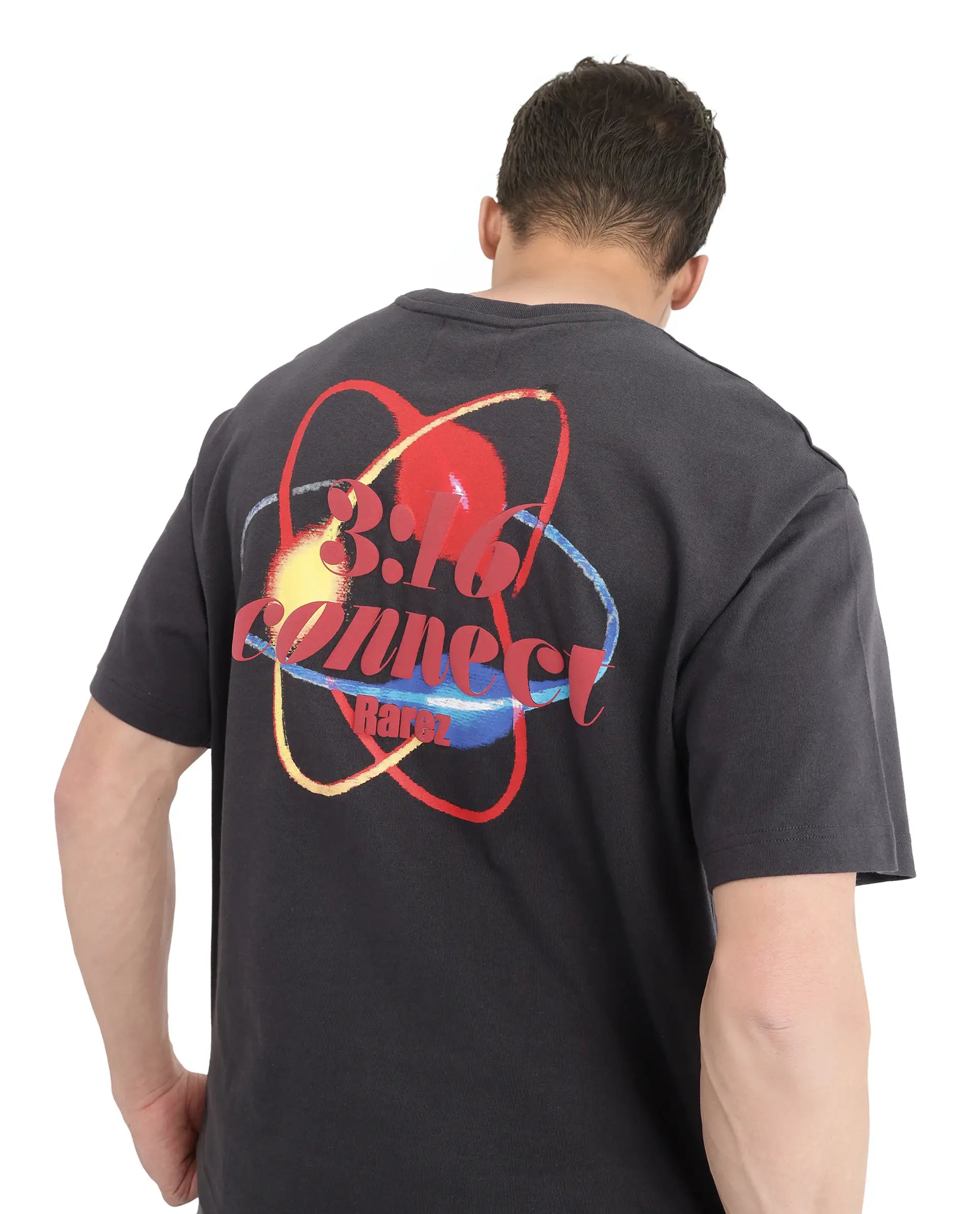 Rare Rabbit Men's Mosh Dark Grey Cotton Fabric Half Sleeve Crew Neck Oversized Fit Graphic Print T-Shirt