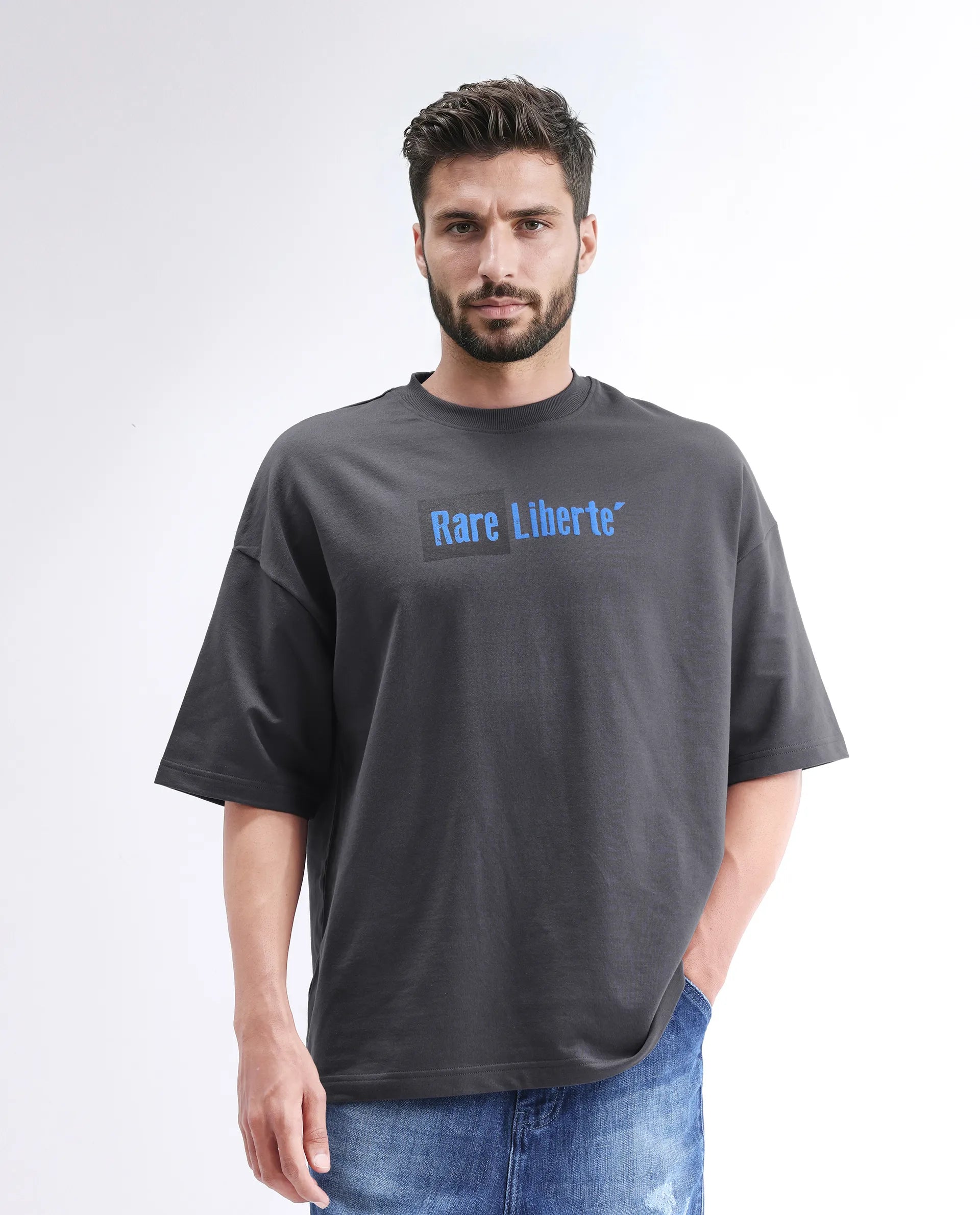Rare Rabbit Men's Moshe Grey Cotton Graphic Print Oversized Fit Half Sleeve Crew Neck T-Shirt
