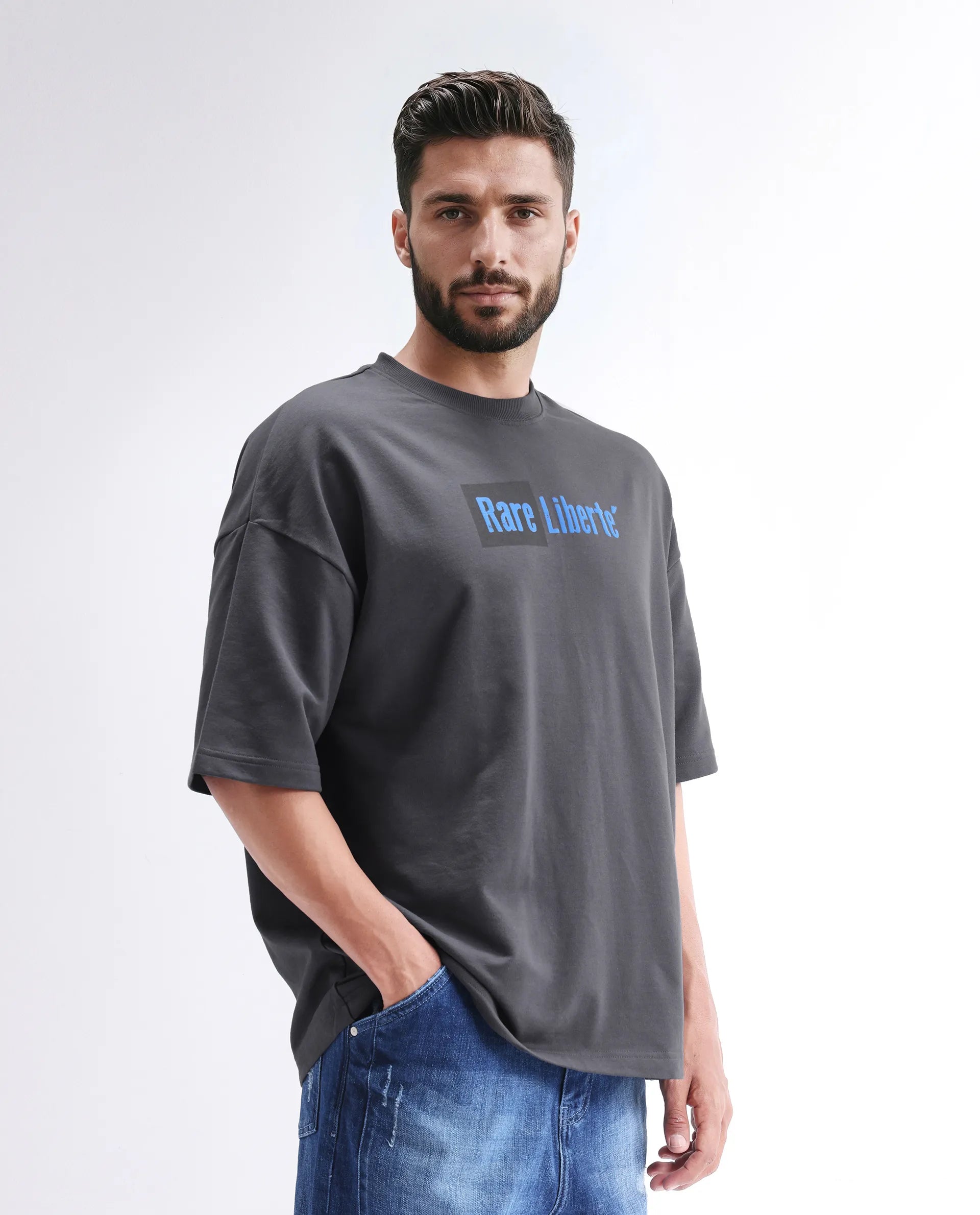 Rare Rabbit Men's Moshe Grey Cotton Graphic Print Oversized Fit Half Sleeve Crew Neck T-Shirt