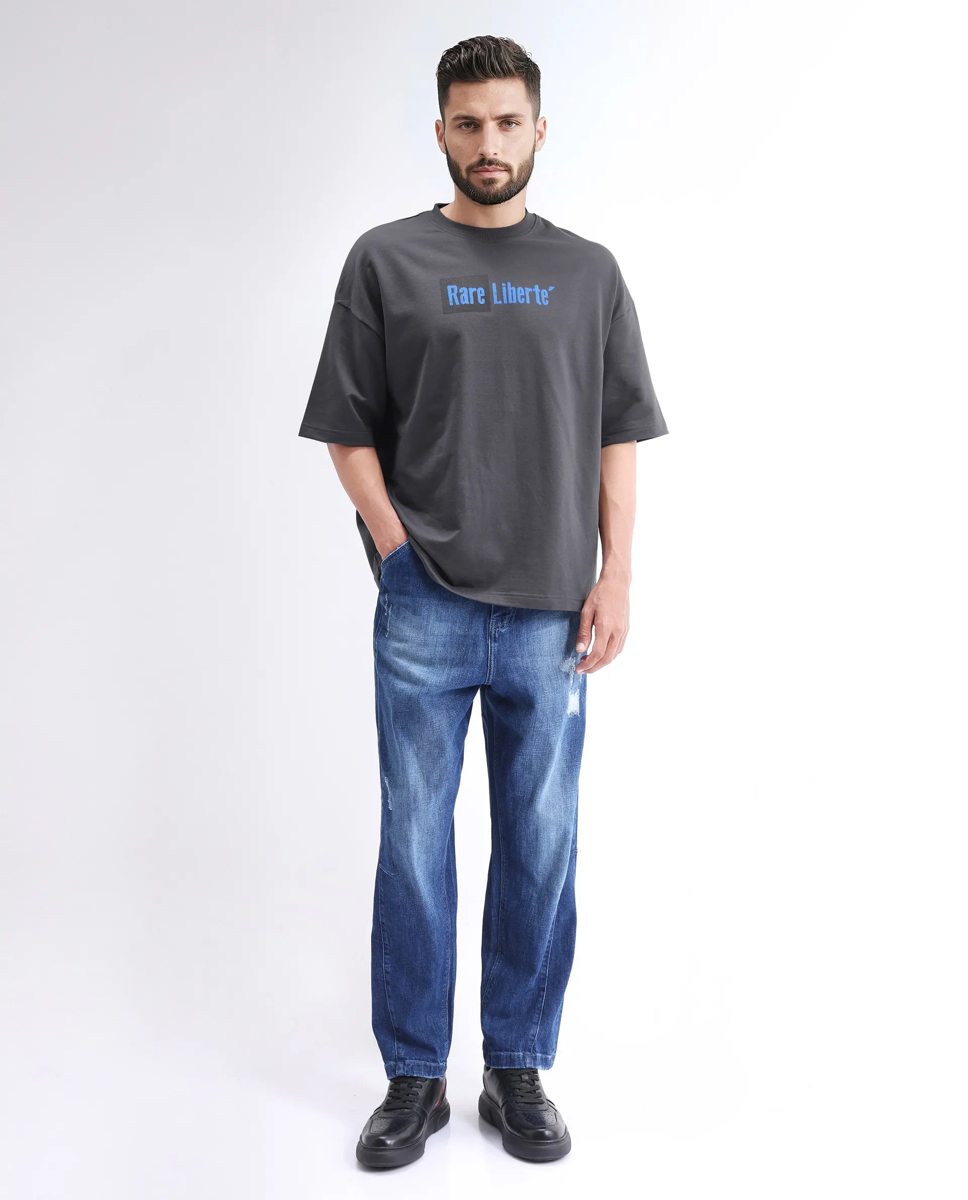 Rare Rabbit Men's Moshe Grey Cotton Graphic Print Oversized Fit Half Sleeve Crew Neck T-Shirt