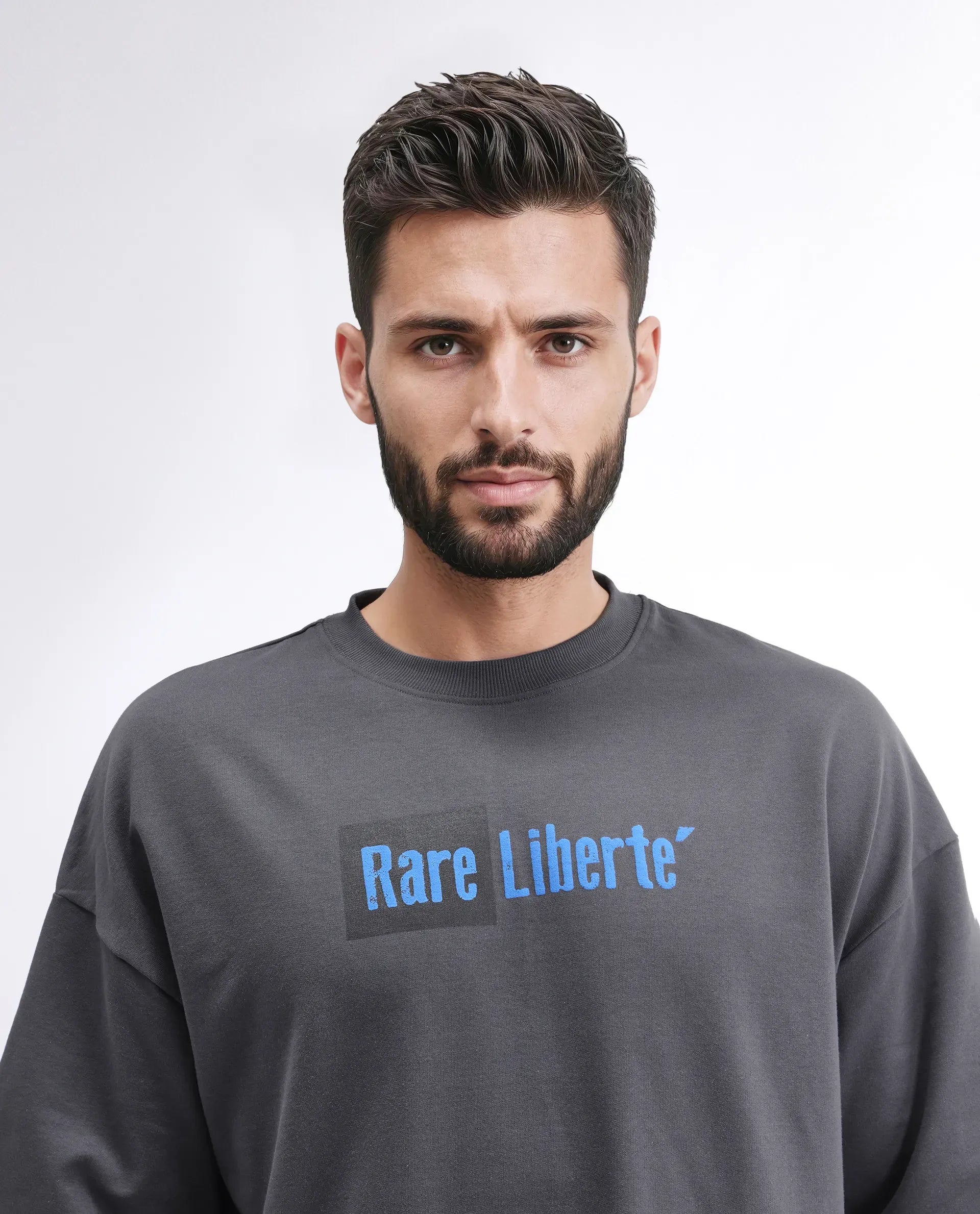 Rare Rabbit Men's Moshe Grey Cotton Graphic Print Oversized Fit Half Sleeve Crew Neck T-Shirt